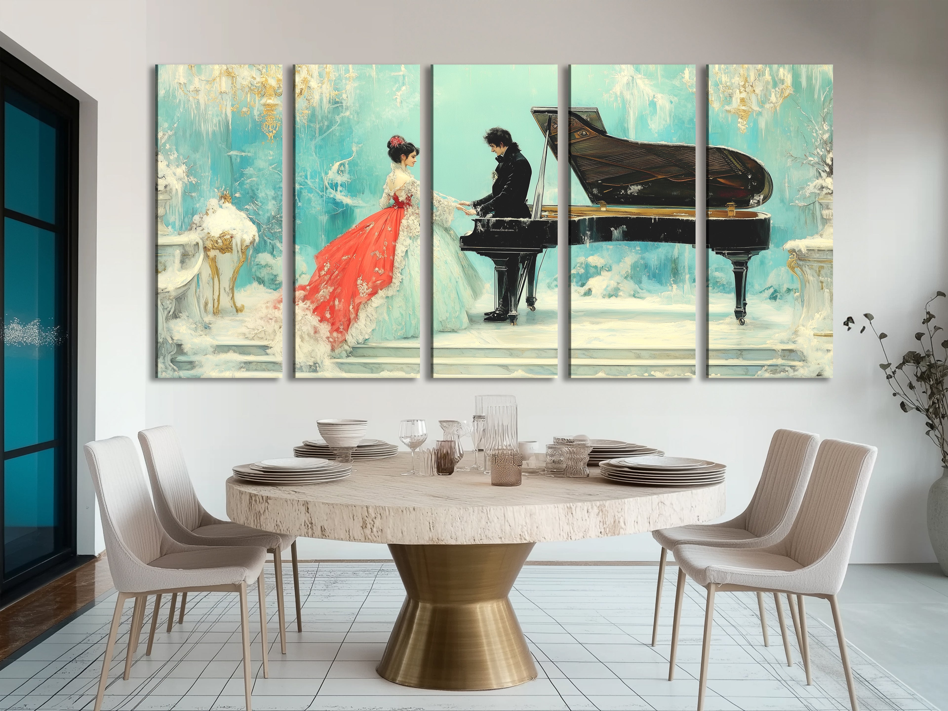 Elegant Couple and Grand Piano Canvas Art Above Dining Table in Modern Setting