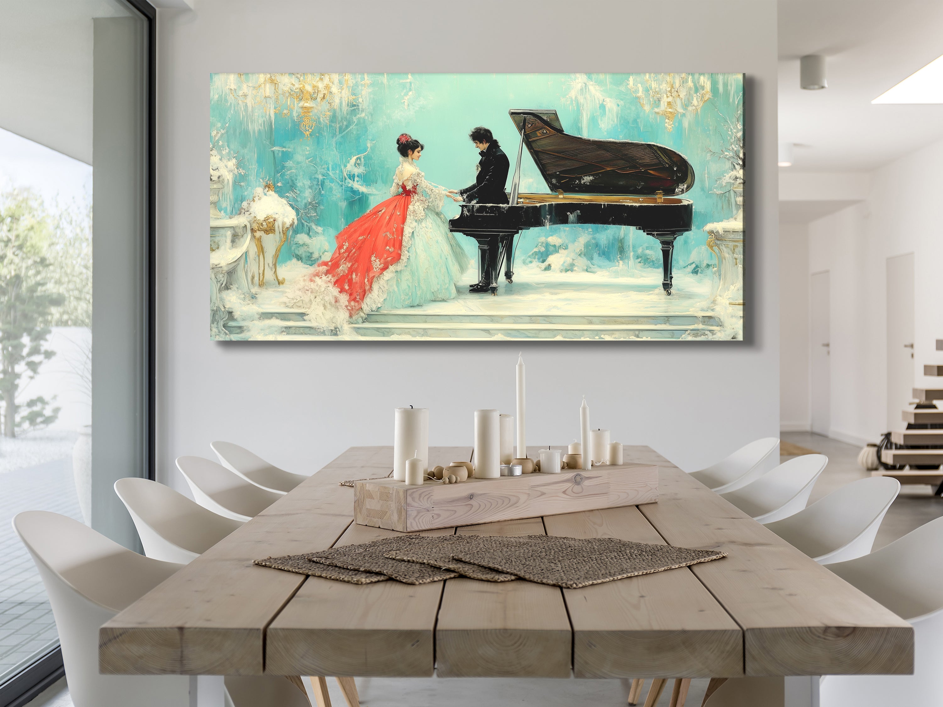 Elegant Couple and Grand Piano Canvas Art Above Dining Table in Modern Setting
