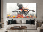 Canvas Print of a grayscale violinist with vibrant floral accents, displayed above a sofa in a modern living room.