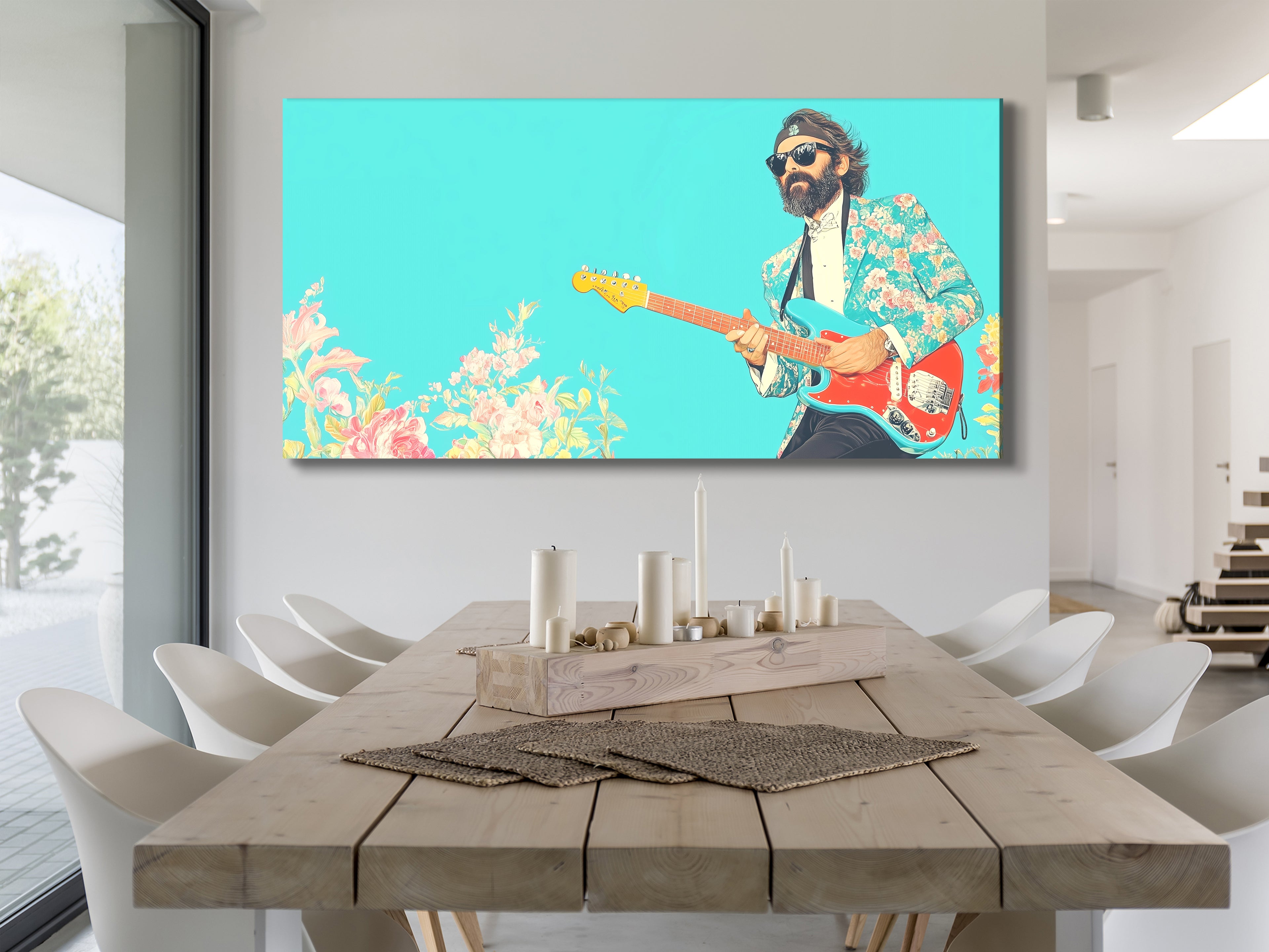 Canvas art of a musician in a floral suit playing guitar, displayed in a modern dining room with a wooden table.