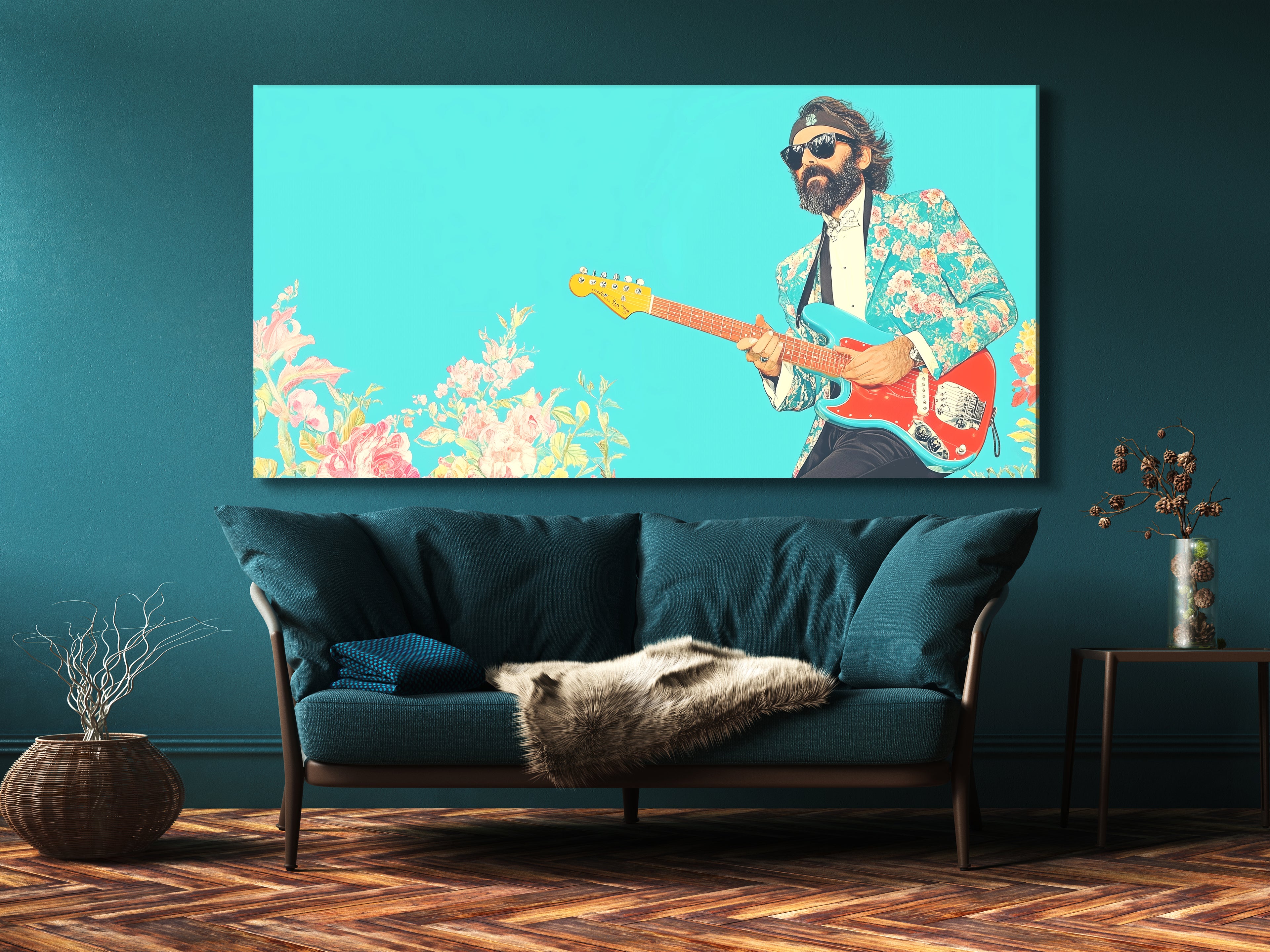 Canvas print wall art featuring a musician in a floral suit playing guitar, displayed in a stylish living room.