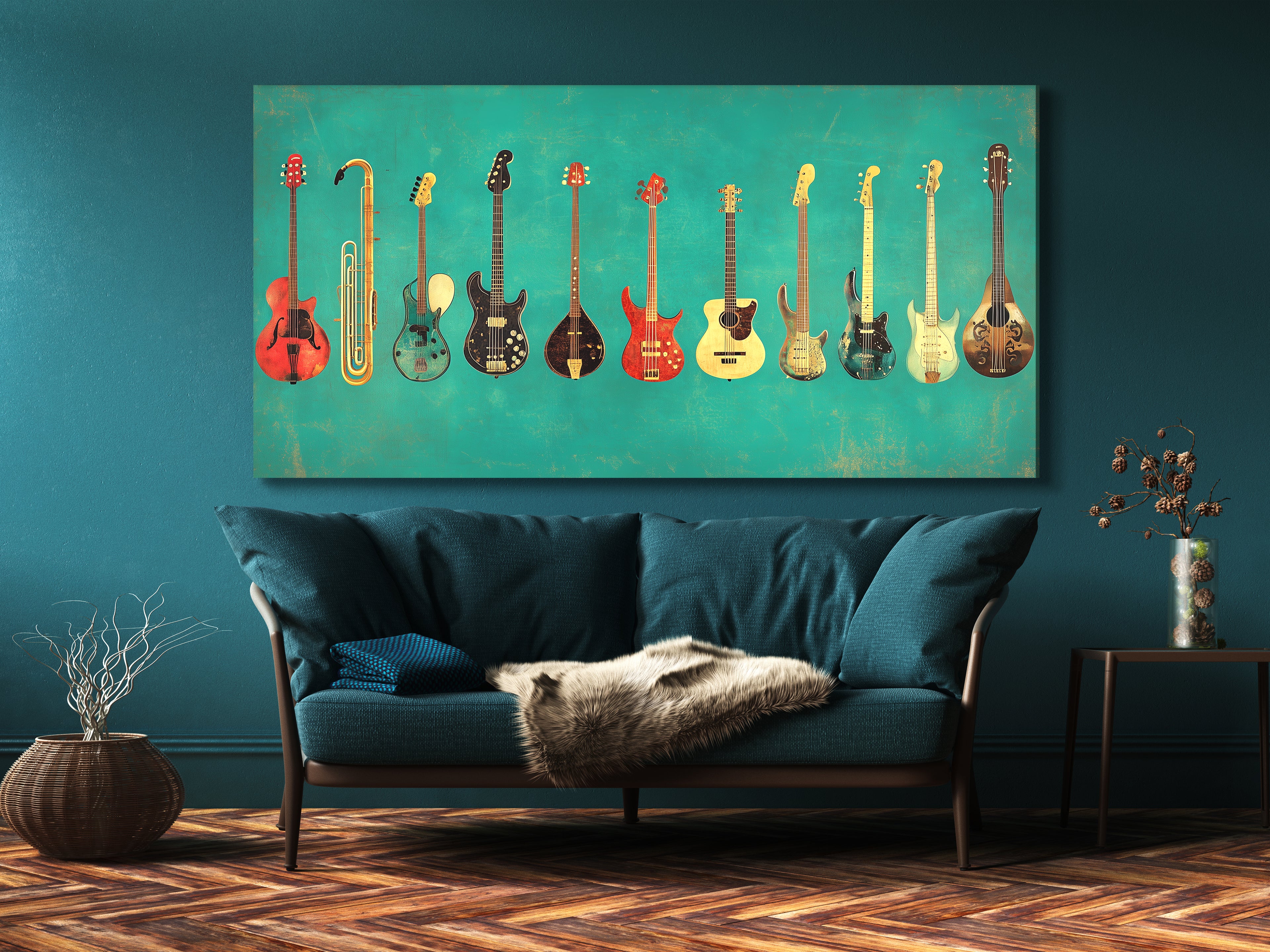 Colorful guitar collection canvas print featuring an array of vintage-style instruments.