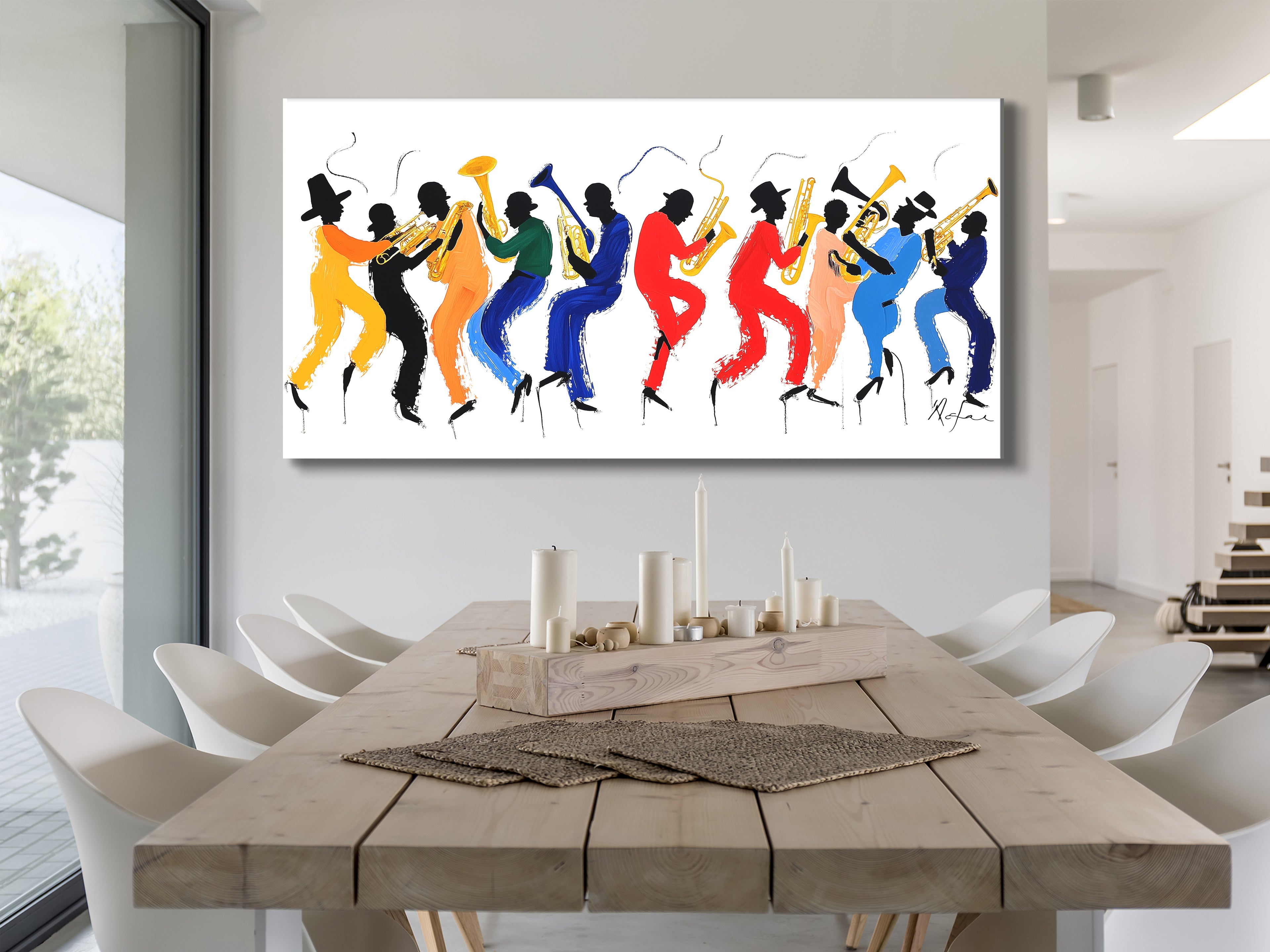 Colorful silhouette brass band artwork, vibrant jazz parade above dining table in modern setting.
