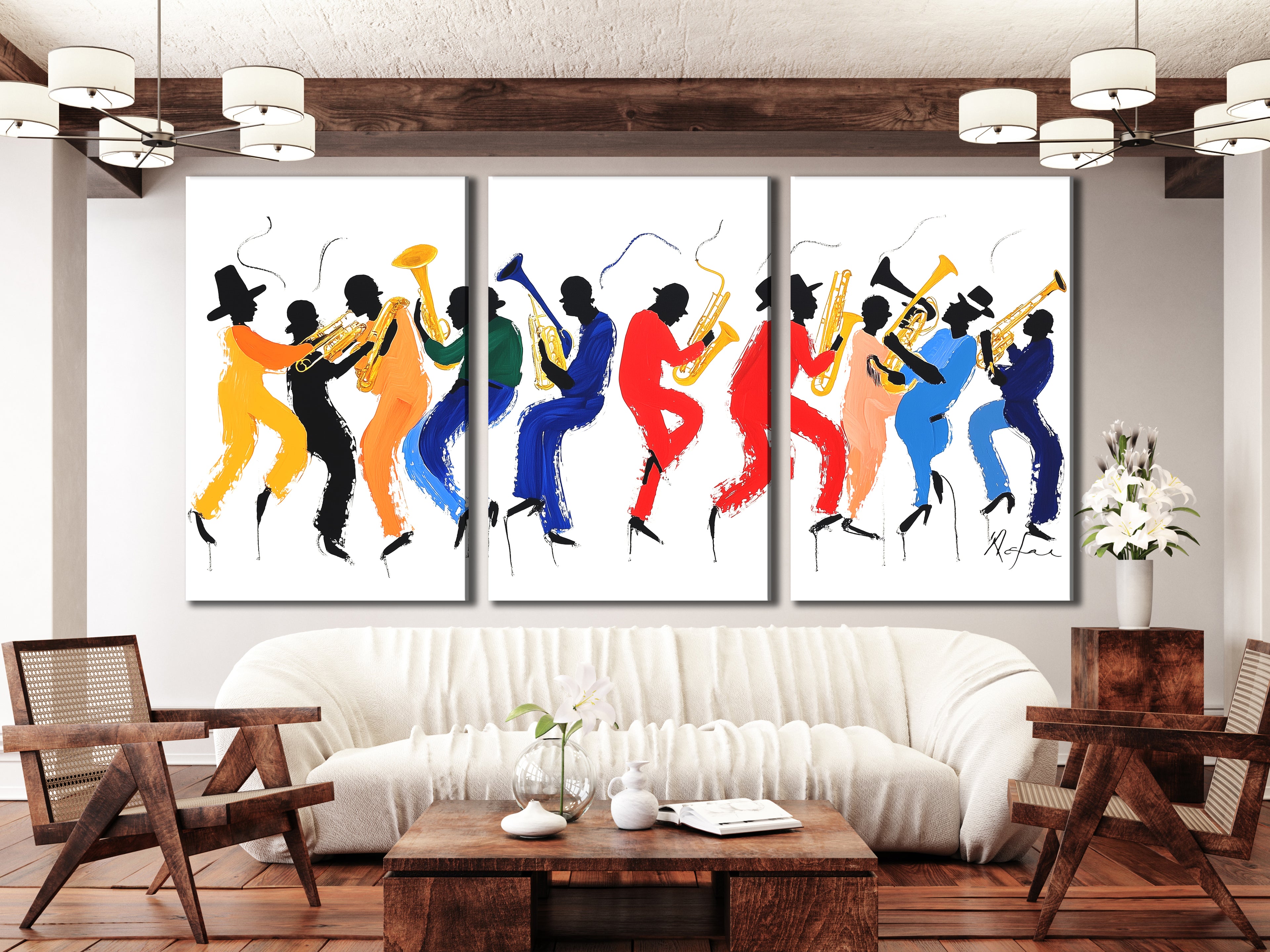 Colorful silhouette brass band painting, vibrant jazz parade above sofa in modern living room.