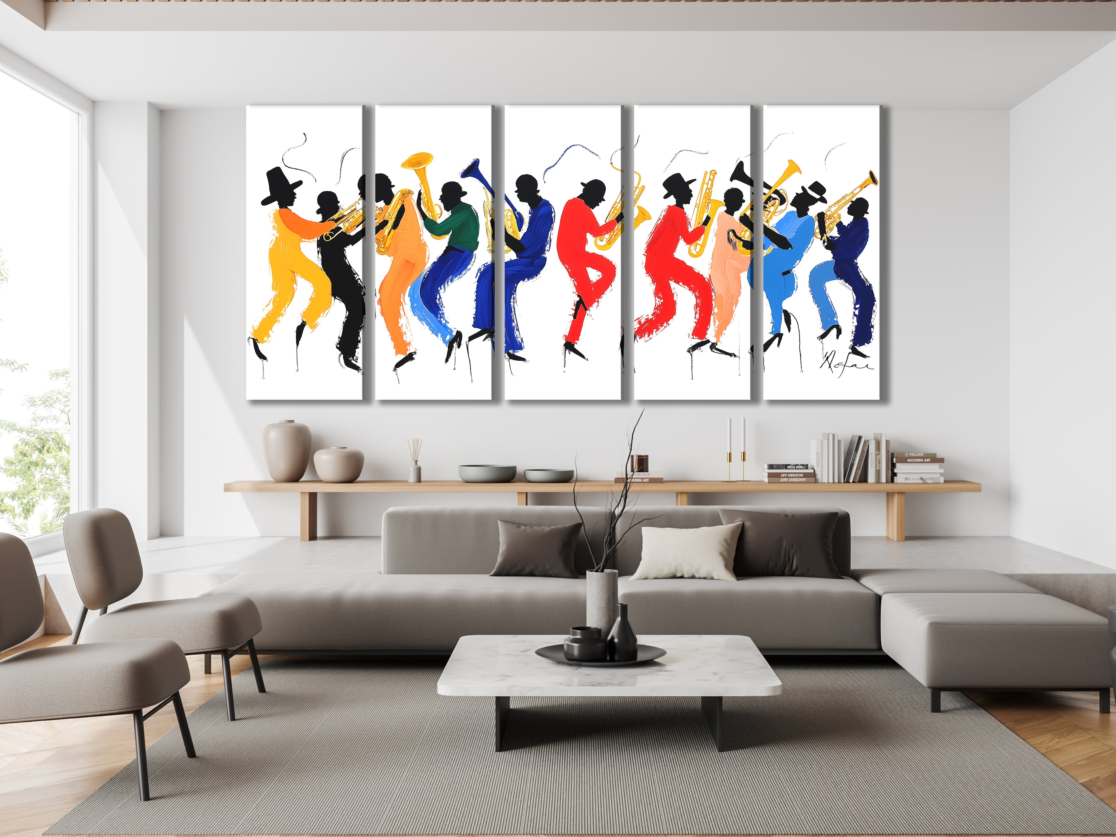 Colorful silhouette brass band print, vibrant jazz parade above dining table in modern setting.