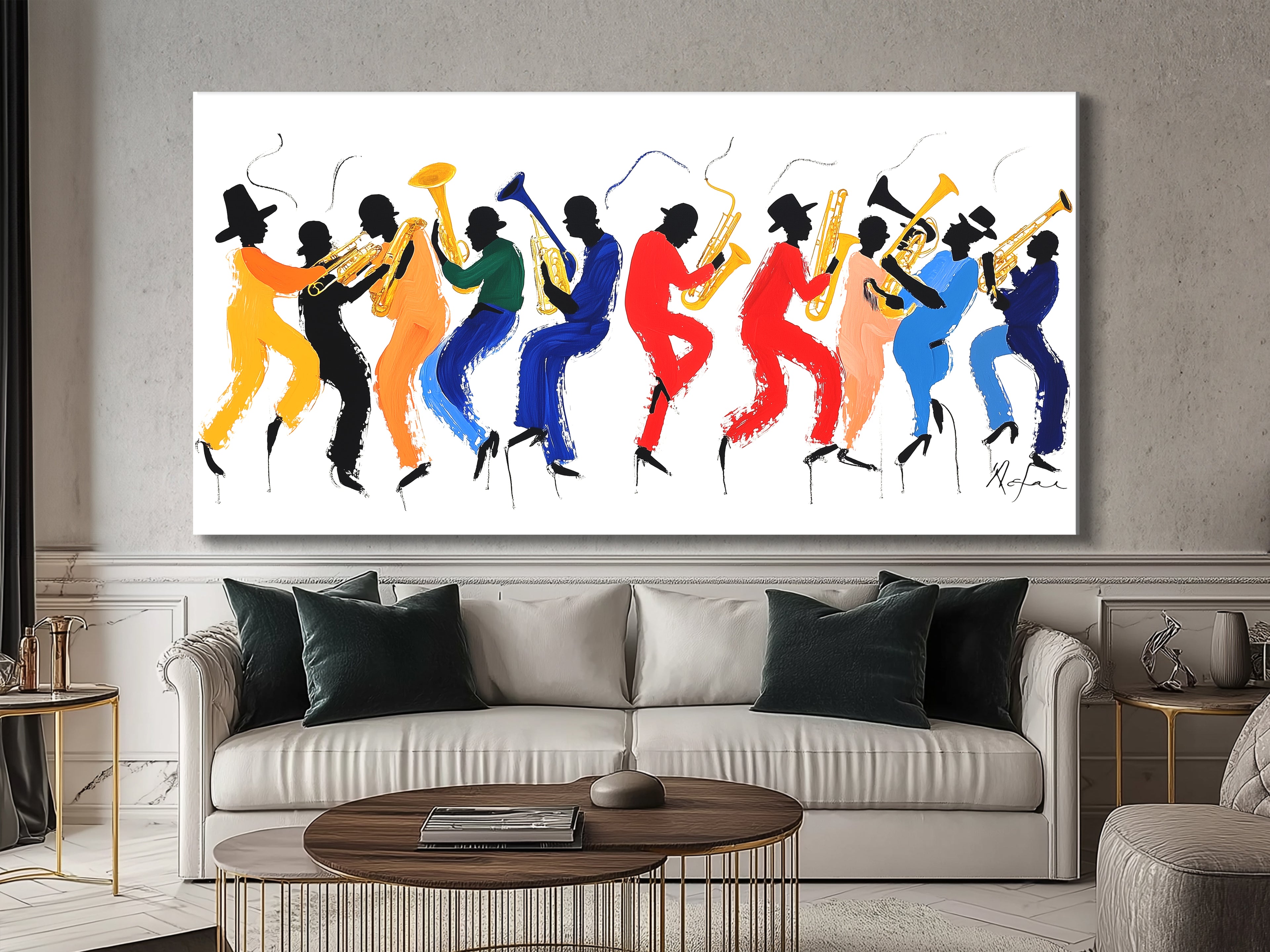 Colorful silhouette brass band wall art, vibrant jazz parade artwork above sofa in modern living room.