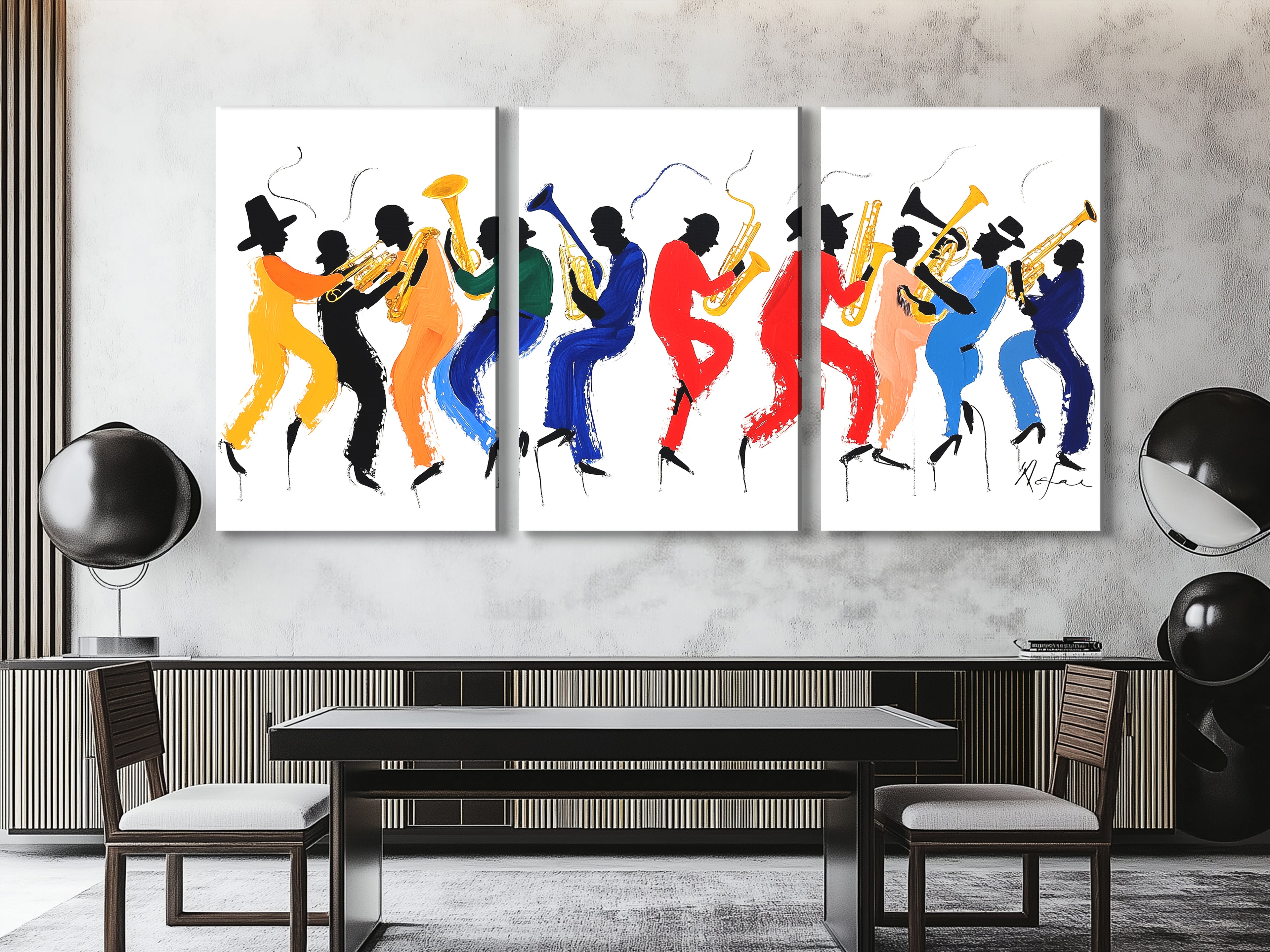 Colorful silhouette brass band wall decor, vibrant jazz parade above dining table in modern setting.