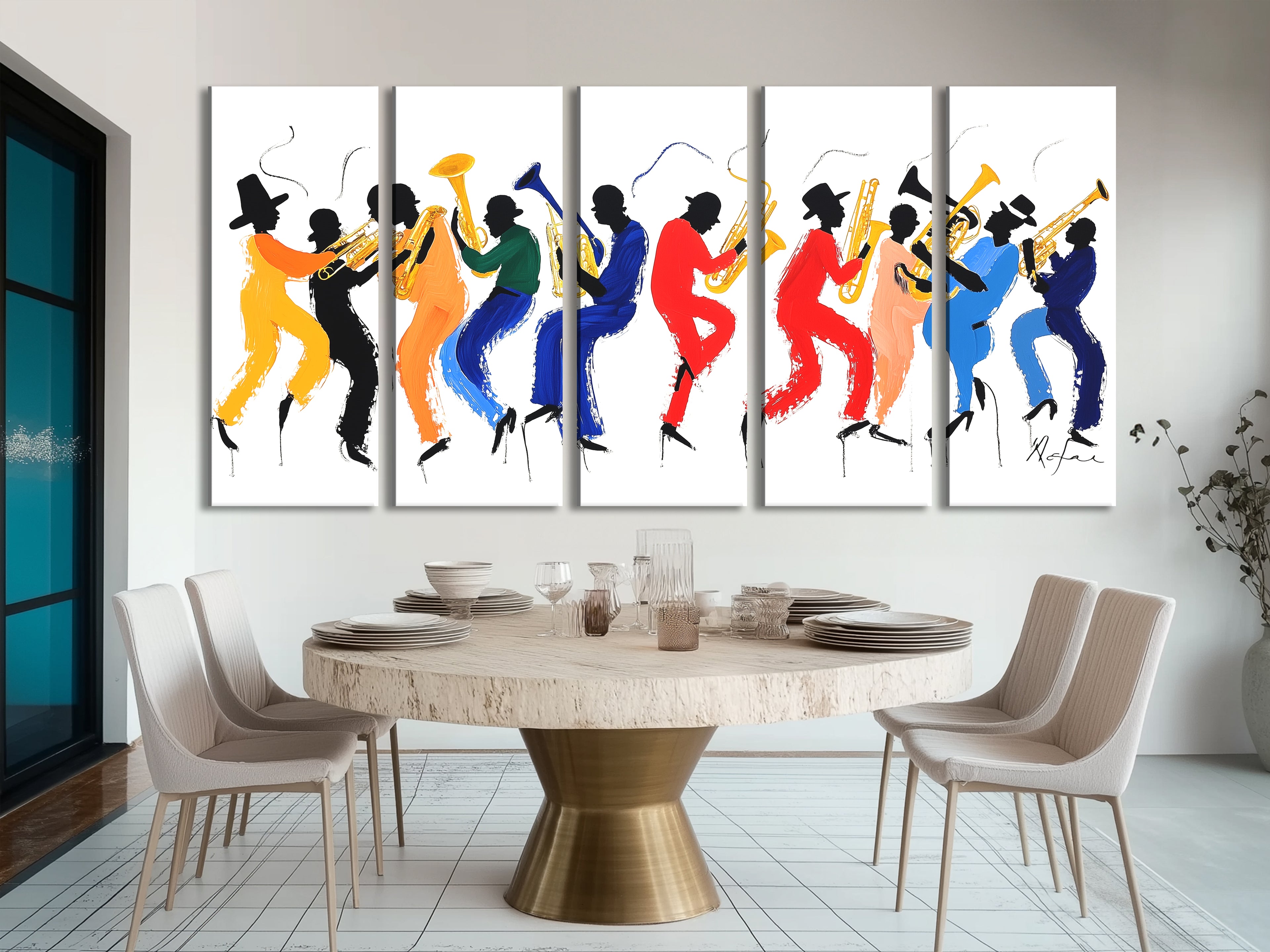 Colorful silhouette brass band print, vibrant jazz parade above dining table in modern setting.