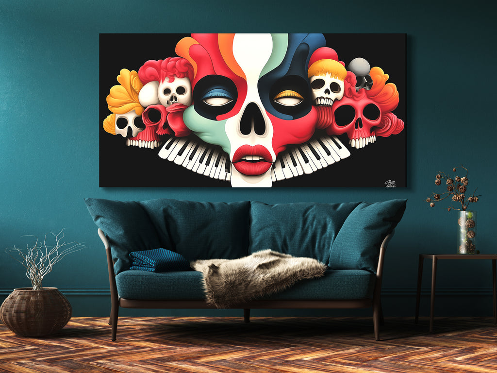 Colorful skull and keyboard face canvas print displaying multiple vibrant skulls.