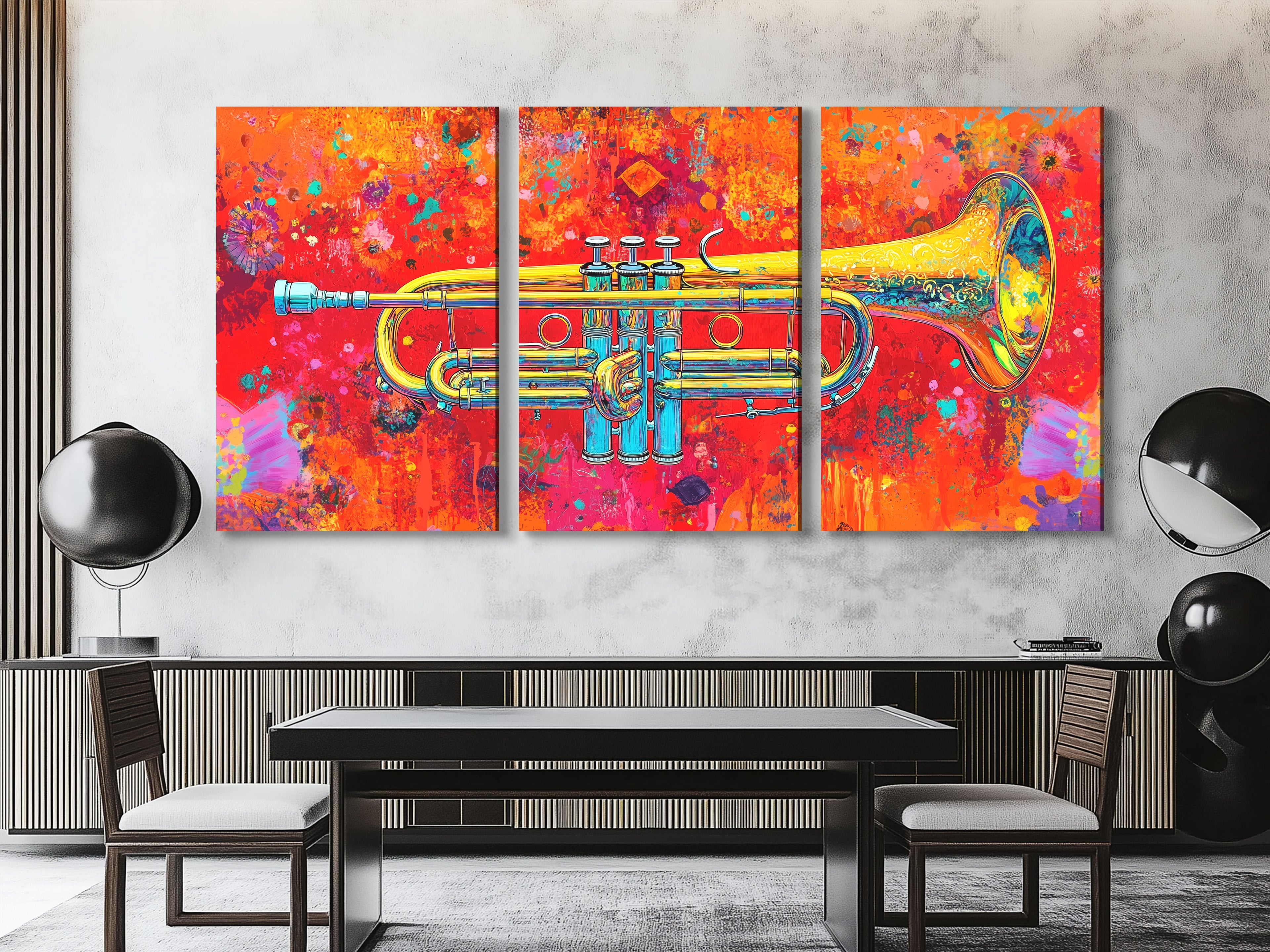 Colorful trumpet art print triptych above a dining table
