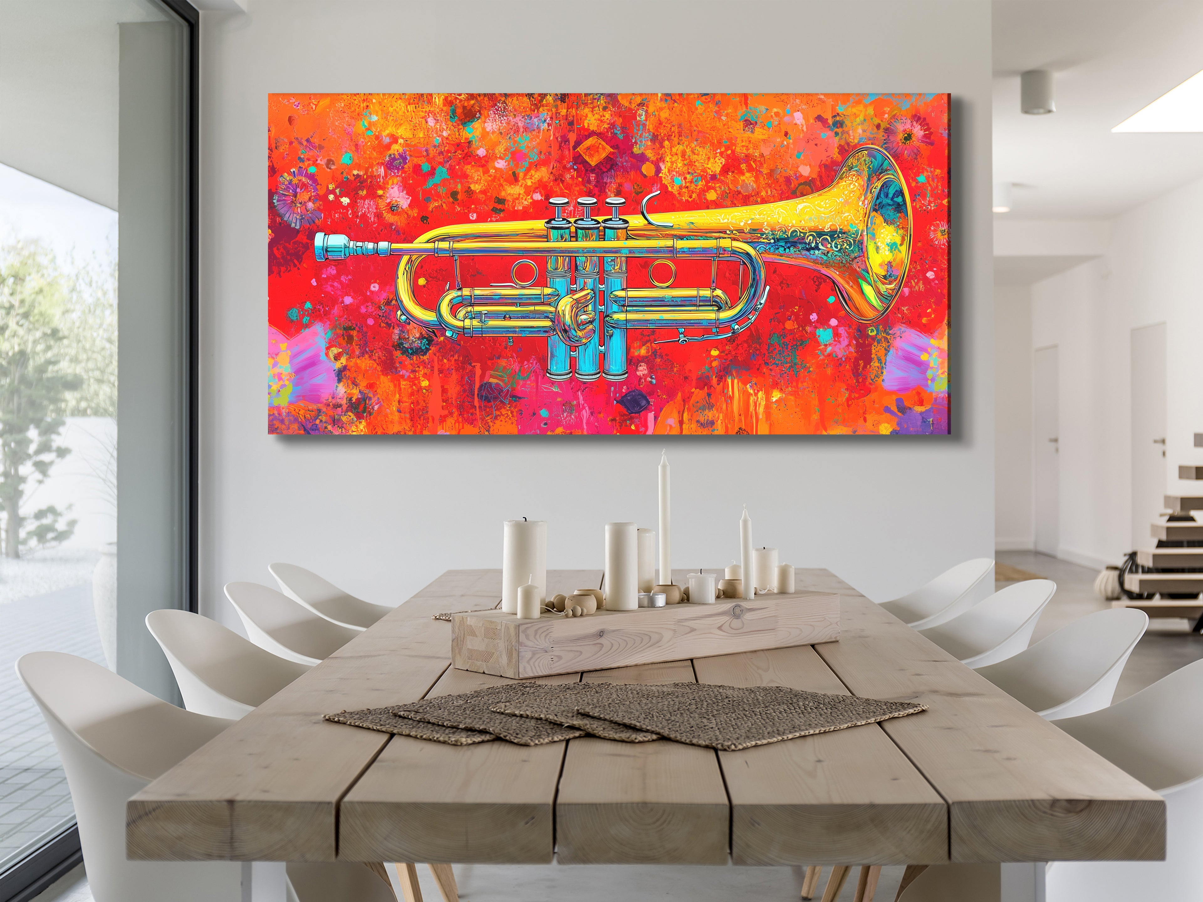 Colorful trumpet artwork in a dining room setting