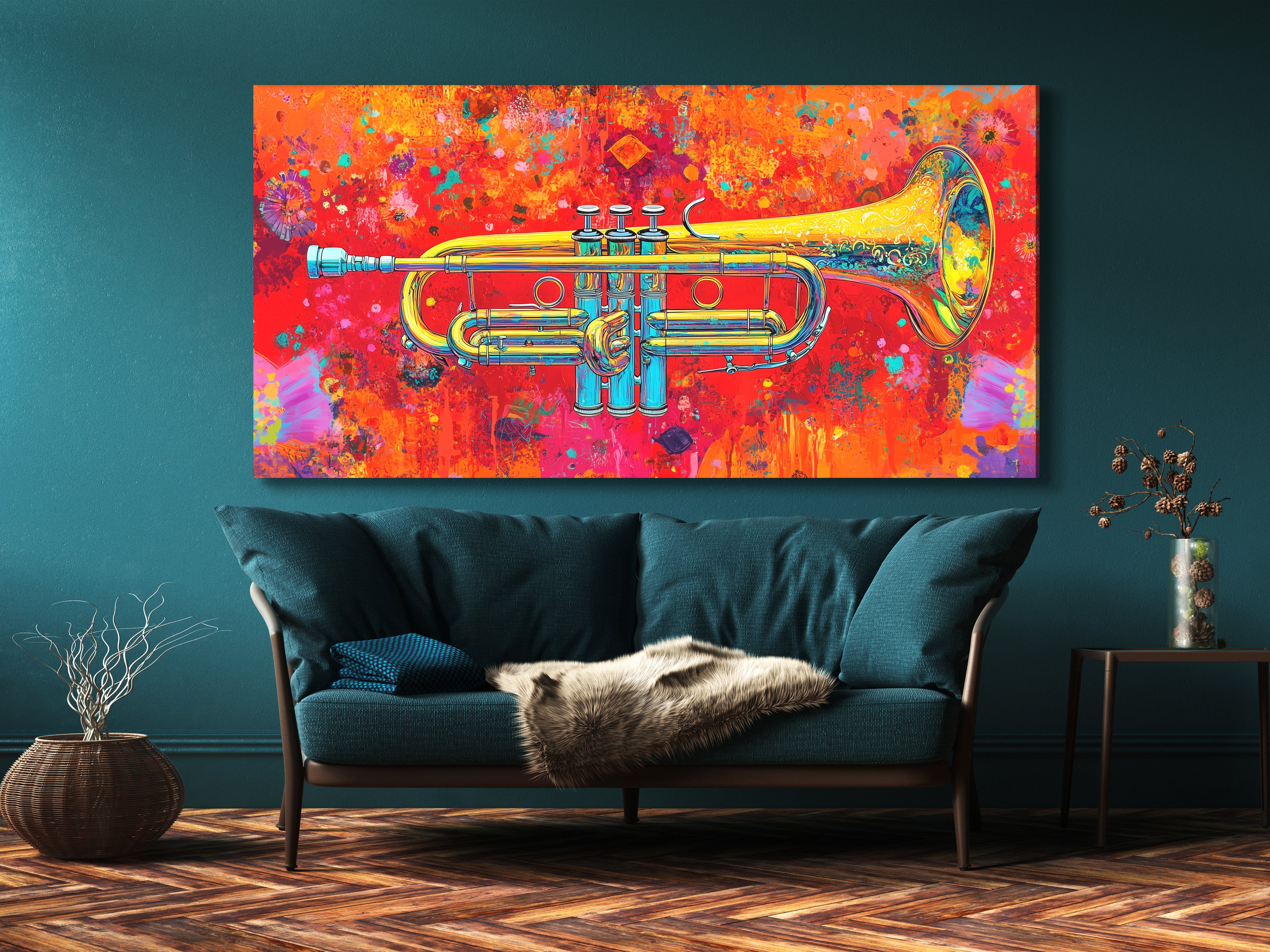 Colorful trumpet canvas print on a wall above a sofa
