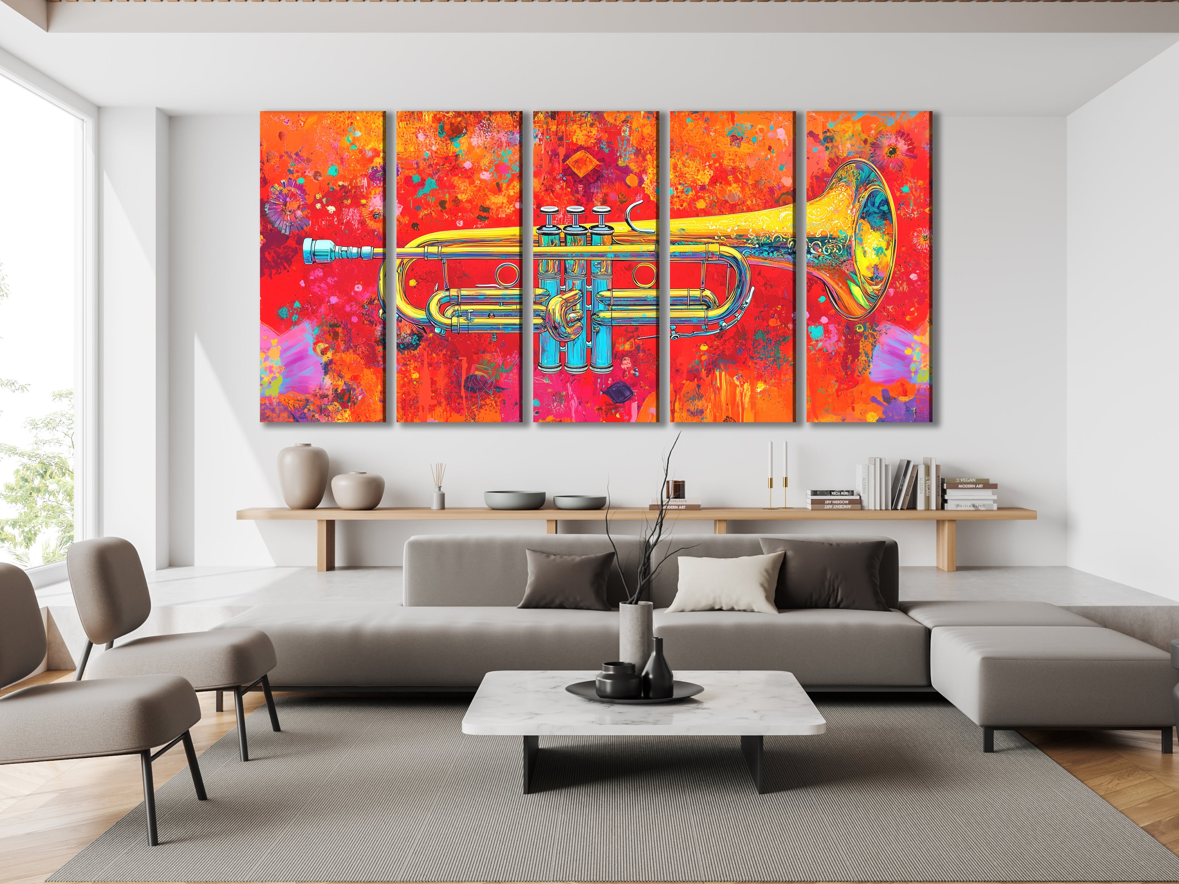 Colorful trumpet multi-panel art above a sofa in a living room