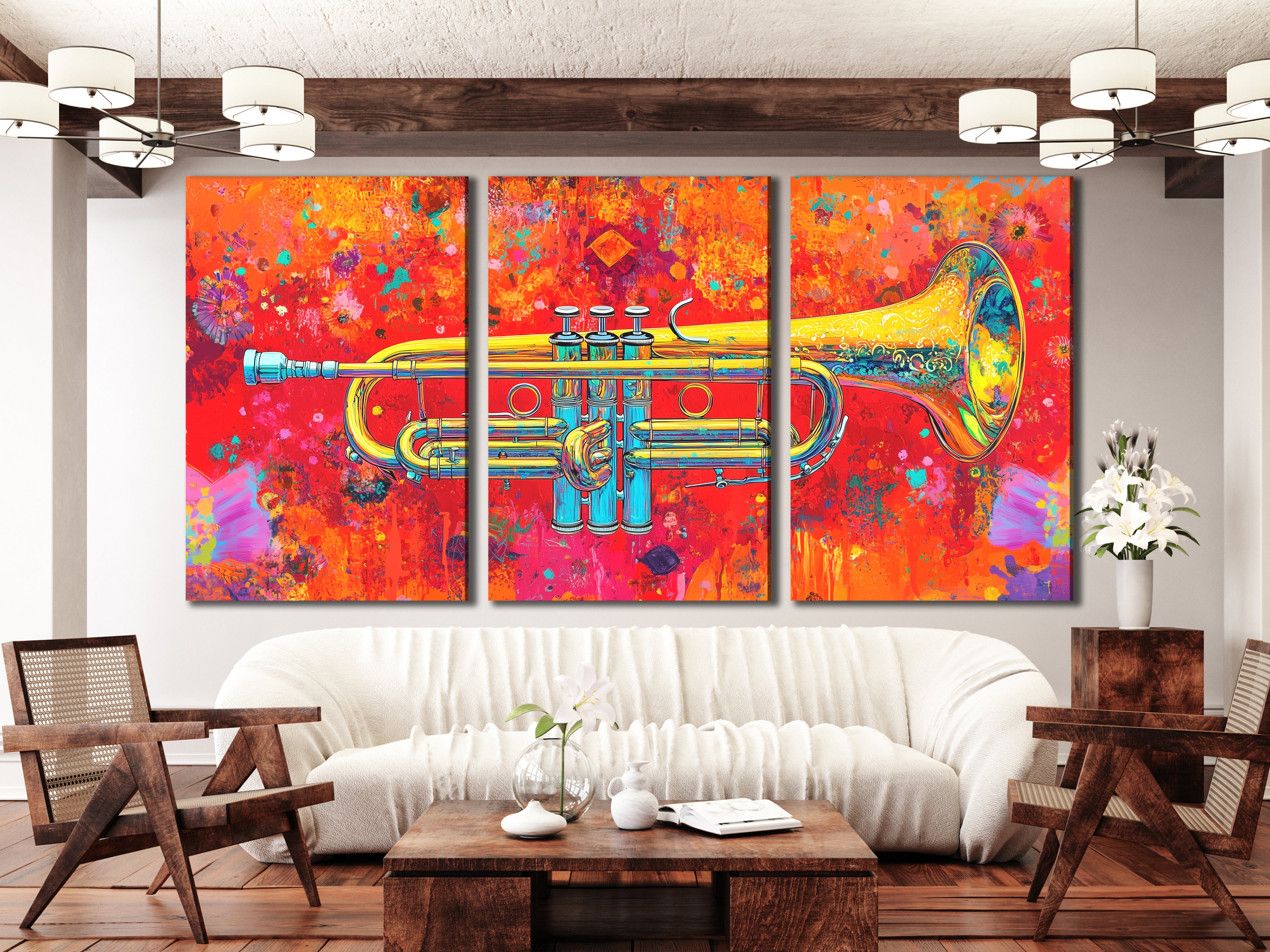 Colorful trumpet painting triptych above a sofa in a living room