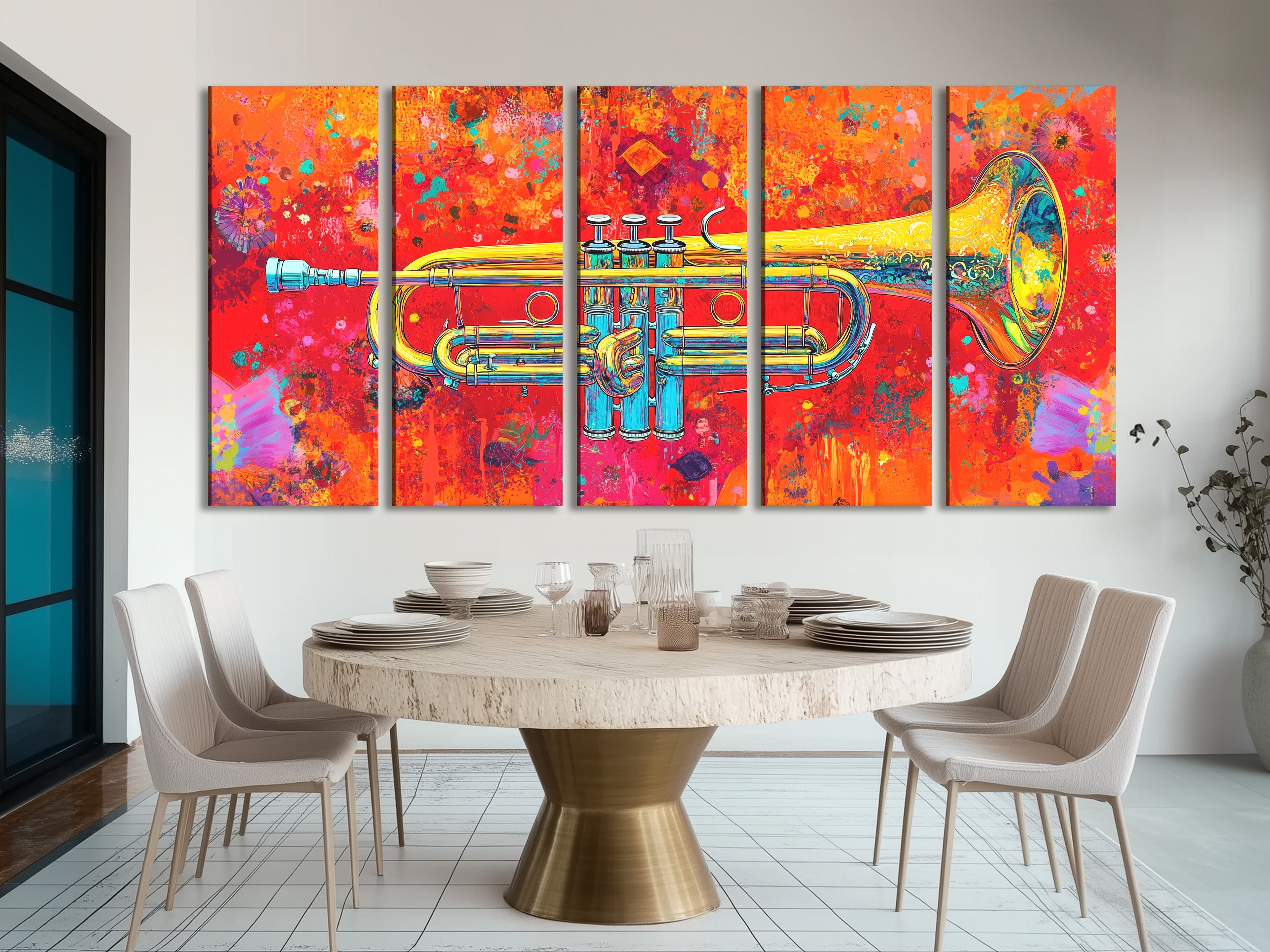 Colorful trumpet print multi-panel above a dining table
