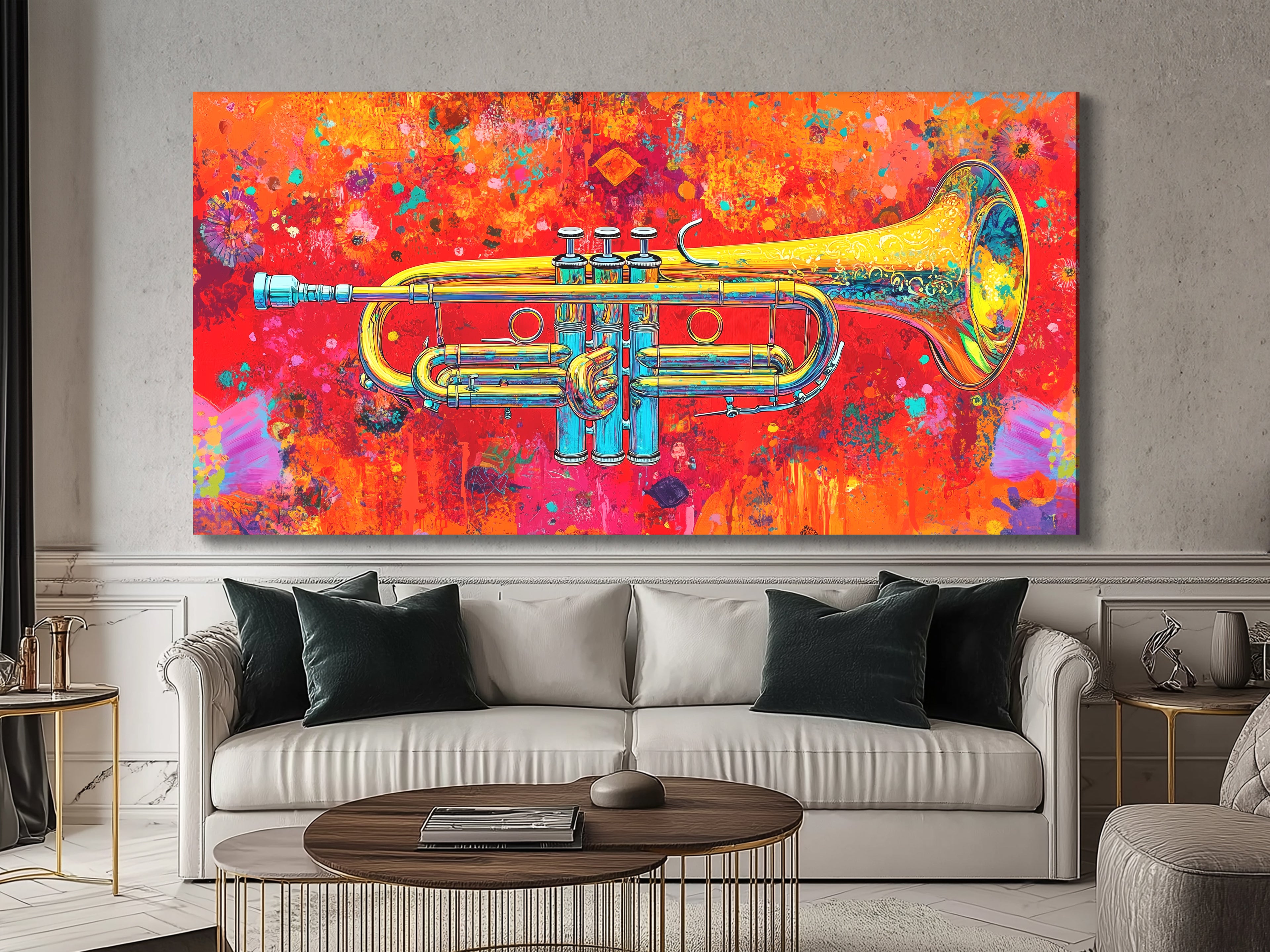 Colorful trumpet wall art above a sofa in a modern living room
