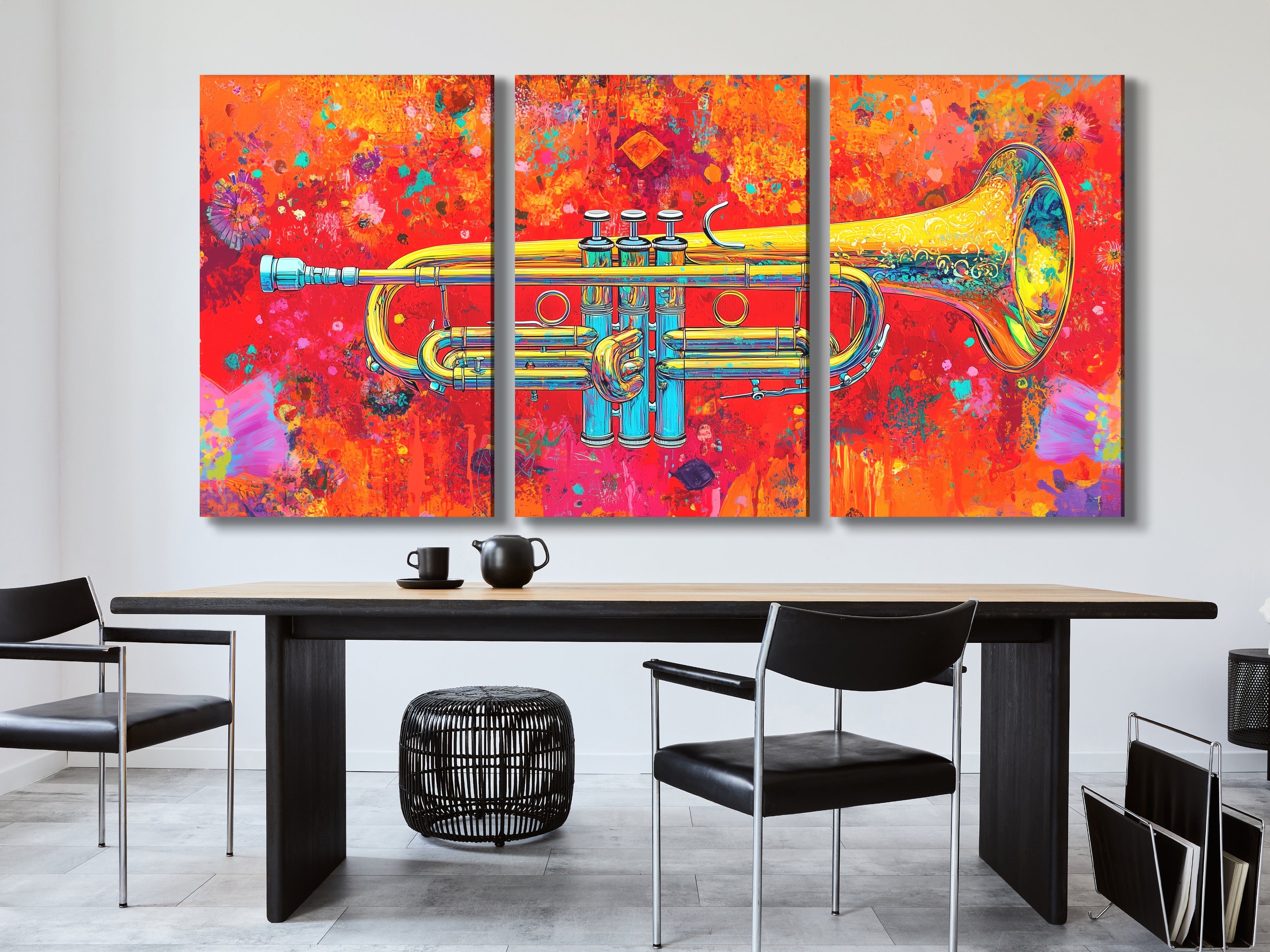 Colorful trumpet wall decor triptych above a dining table