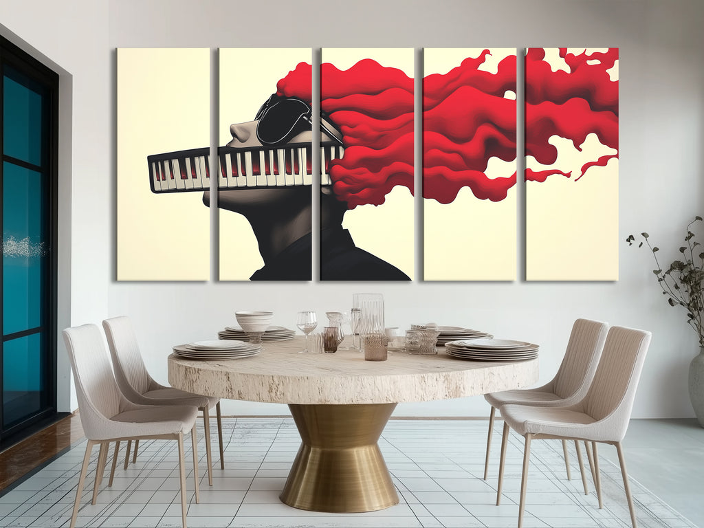 Conceptual painting of a figure wearing sunglasses and a keyboard mouth, accentuated by vivid red hair.