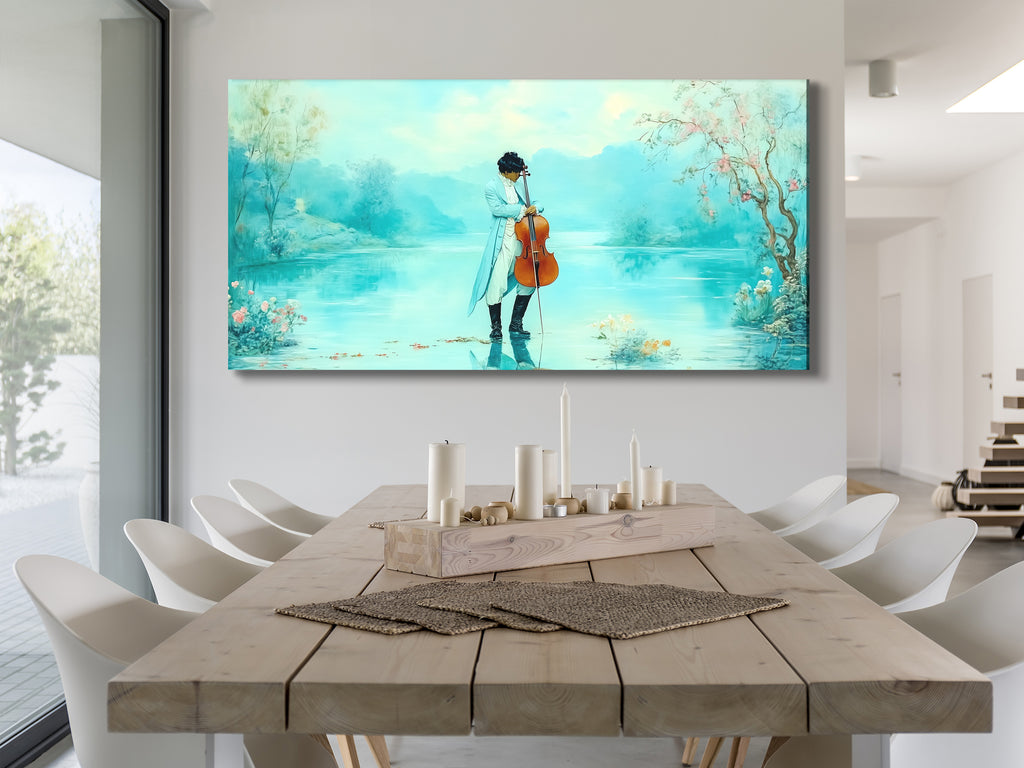 Contemporary Artwork depicting a serene pastel fantasy of a romantic cello by the lake, adorning a modern dining area with minimalist decor