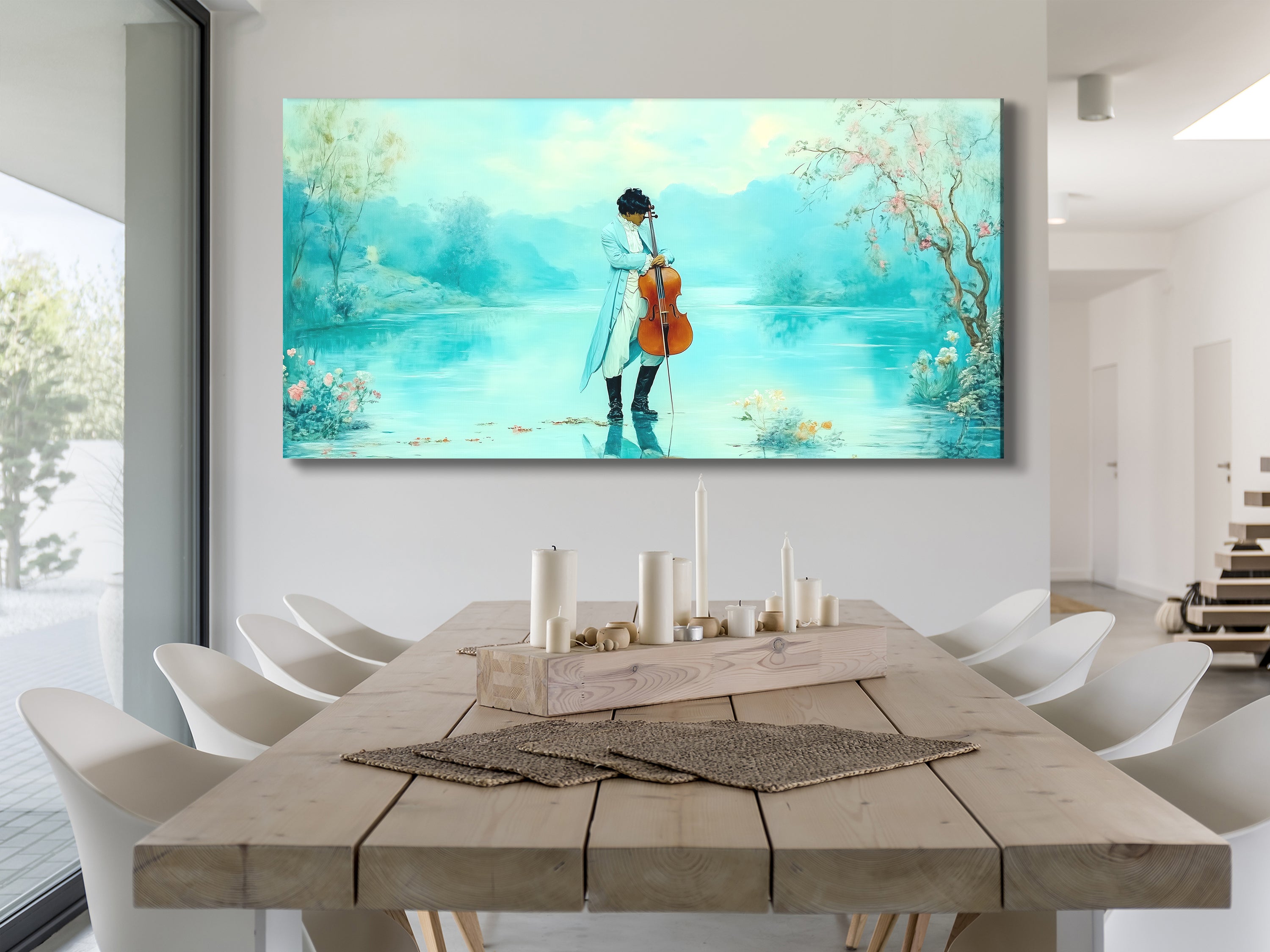 Contemporary Artwork depicting a serene pastel fantasy of a romantic cello by the lake, adorning a modern dining area with minimalist decor