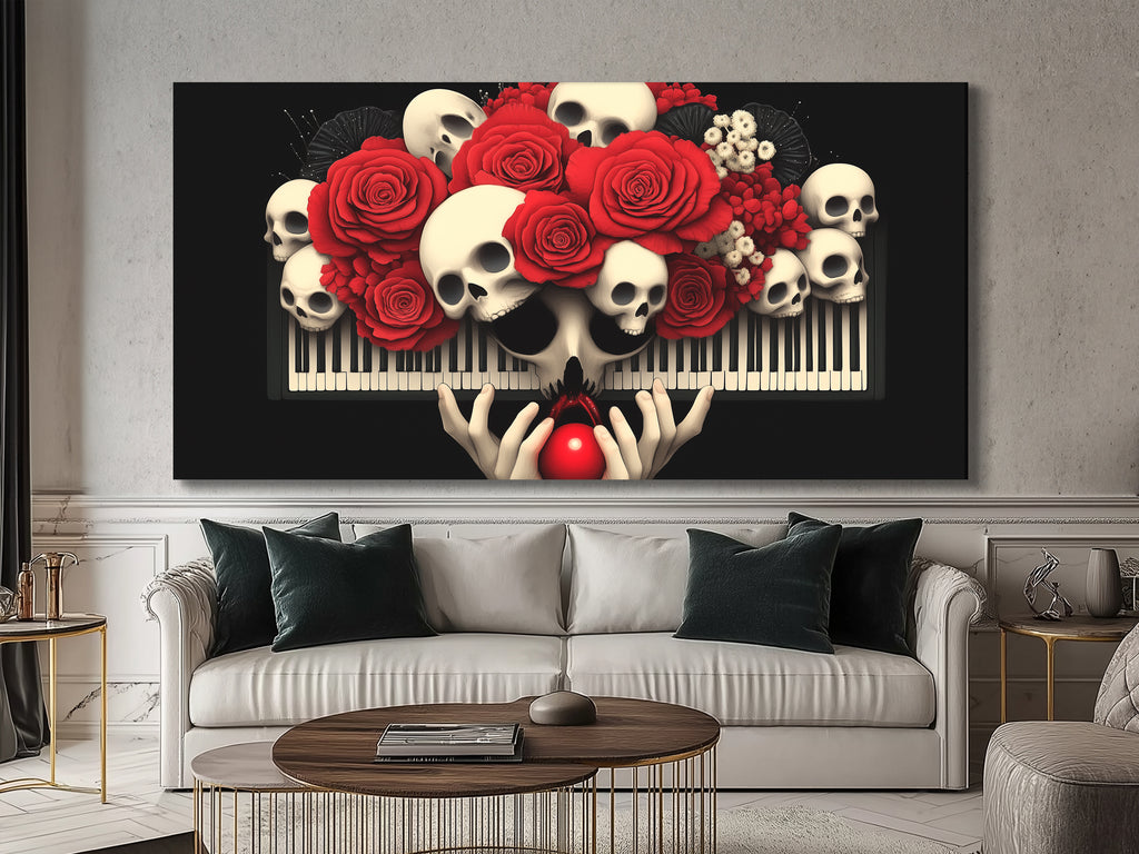 Dark romantic wall art merging white skulls, red roses, and keyboard elements.