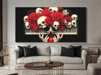 Dark romantic wall art merging white skulls, red roses, and keyboard elements.