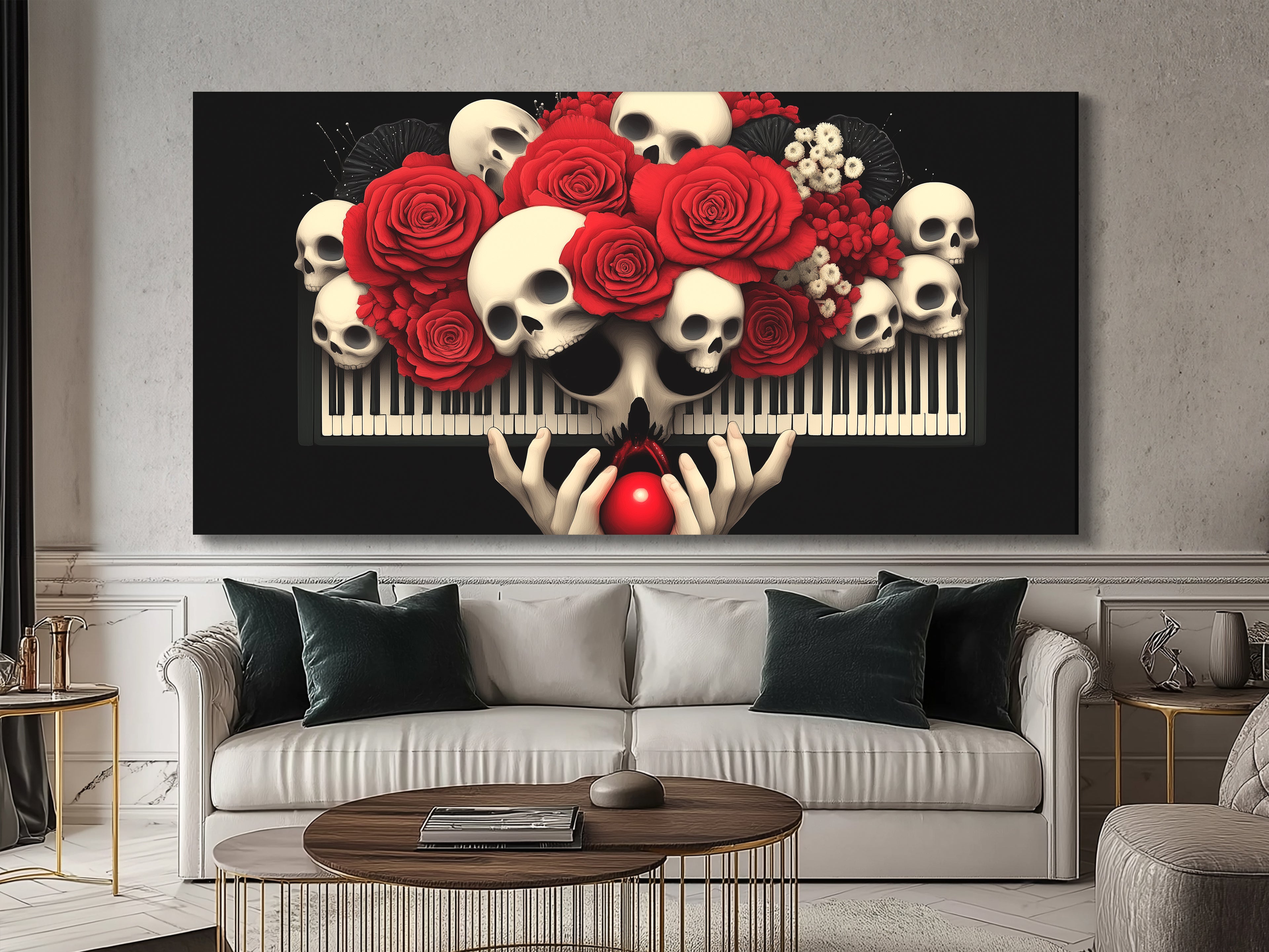 Dark romantic wall art merging white skulls, red roses, and keyboard elements.