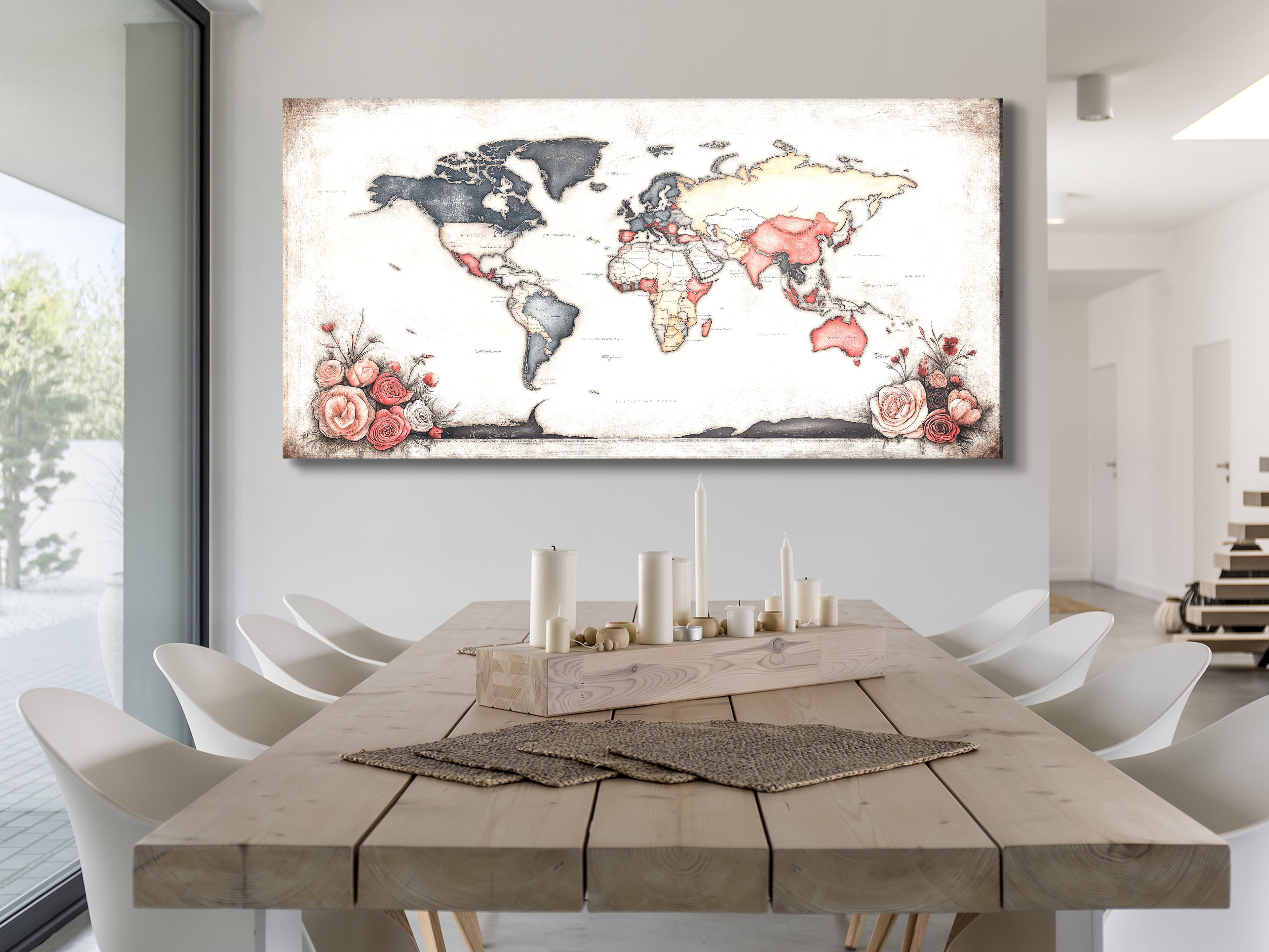 Delicate pink roses framing an antique world map in a rustic, romantic canvas art style.