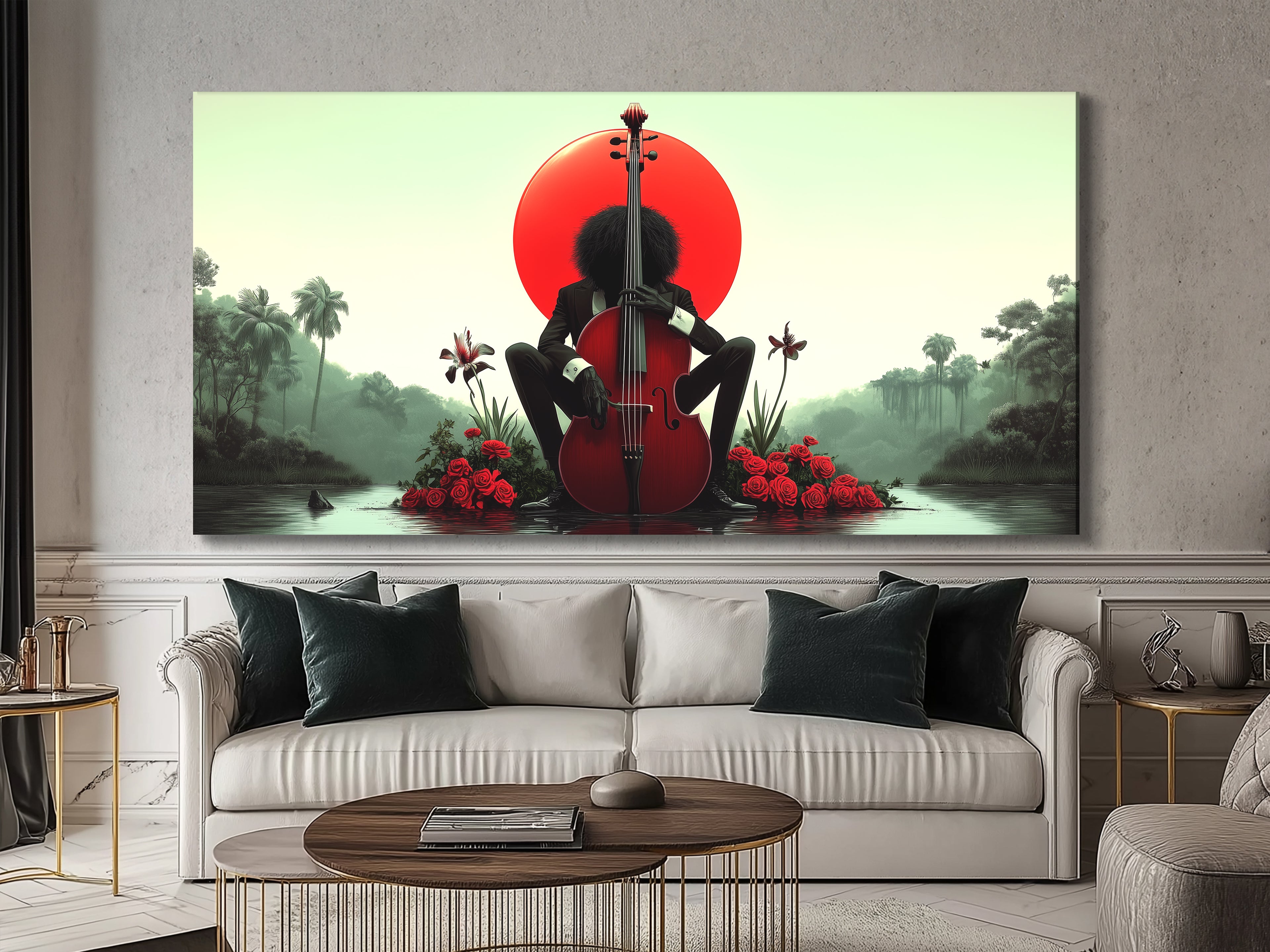 Dramatic musician wall art capturing a silhouetted figure with lush surroundings.