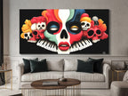 Dramatic wall art featuring a surreal musical skull design with bright accents.