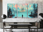 Dreamy castle hot air balloons canvas print in fantasy nightscape, multi-panel artwork above a dining table in a modern dining room setting