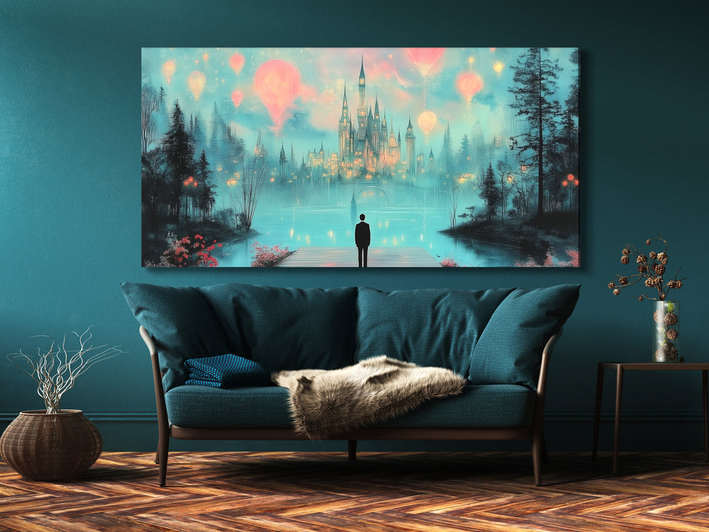 Dreamy castle hot air balloons canvas print in fantasy nightscape, multi-panel artwork above a sofa in a living room setting