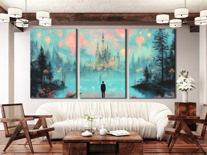 Dreamy castle hot air balloons canvas print in fantasy nightscape, multi-panel artwork above a sofa in a living room setting