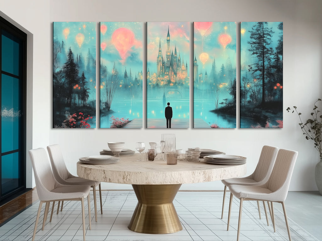 Dreamy castle hot air balloons canvas print in fantasy nightscape, multi-panel artwork above a sofa in a living room setting