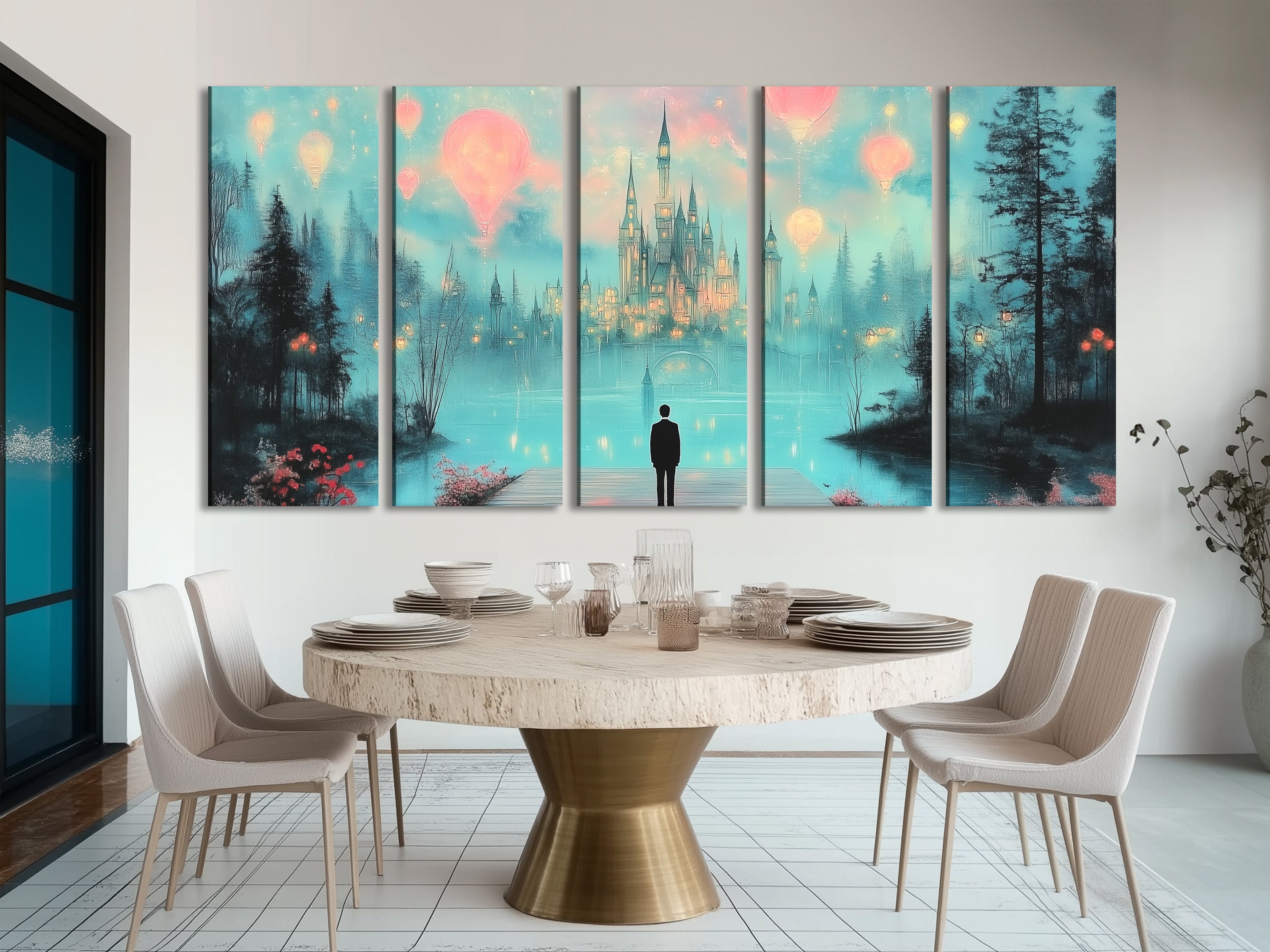 Dreamy castle hot air balloons canvas print in fantasy nightscape, multi-panel artwork above a sofa in a living room setting