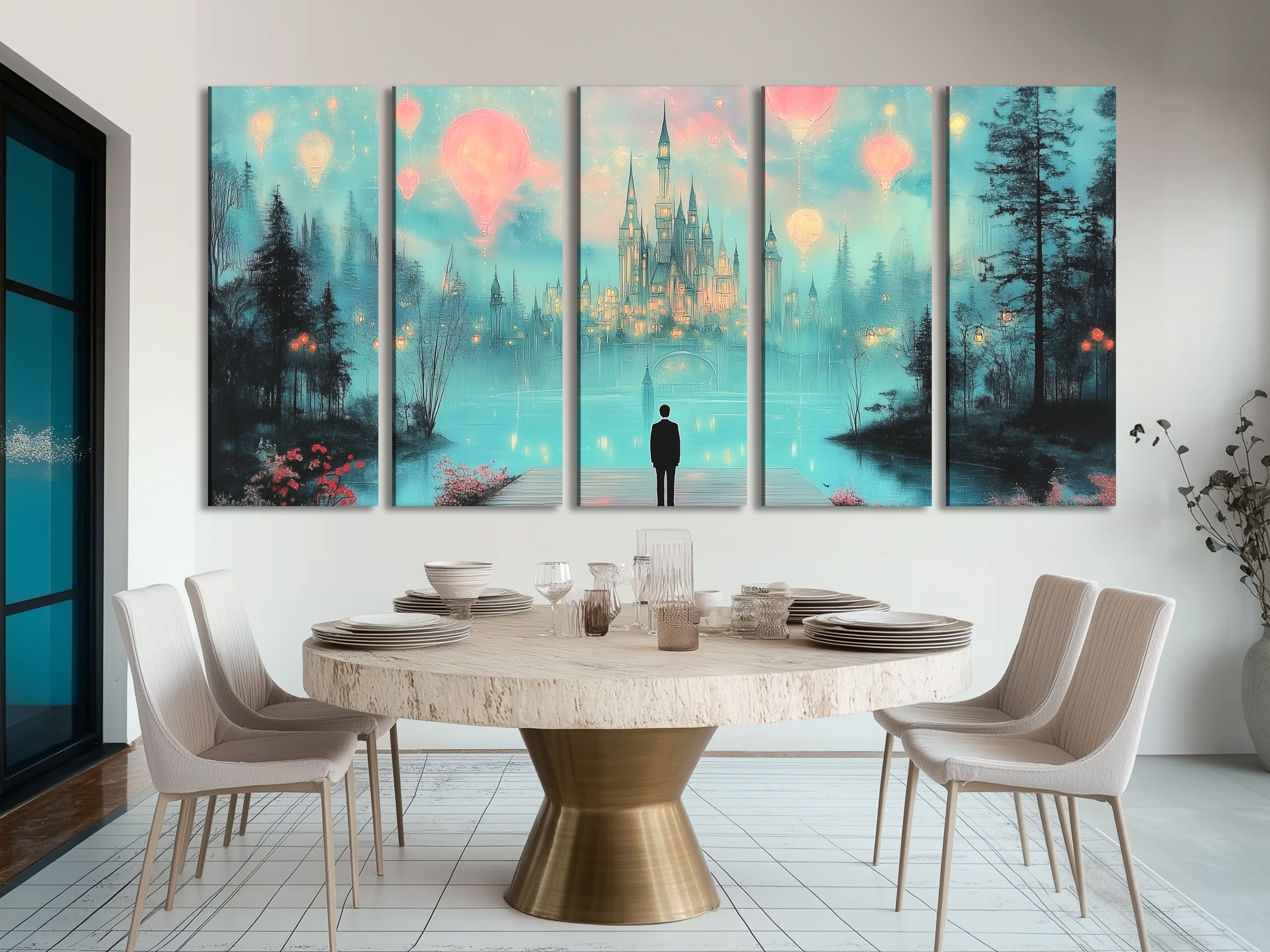 Dreamy castle hot air balloons canvas print in fantasy nightscape, multi-panel artwork above a sofa in a living room setting