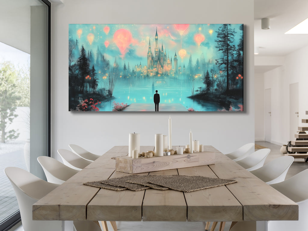 Dreamy castle hot air balloons canvas print in fantasy nightscape, single-panel artwork above a dining table in a modern dining room setting