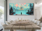 Dreamy castle hot air balloons canvas print in fantasy nightscape, single-panel artwork above a dining table in a modern dining room setting