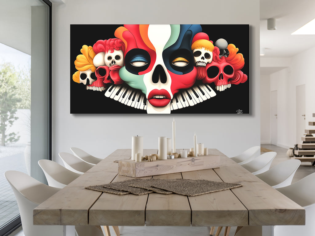 Edgy canvas art combining gothic skulls and a keyboard motif in bold colors.