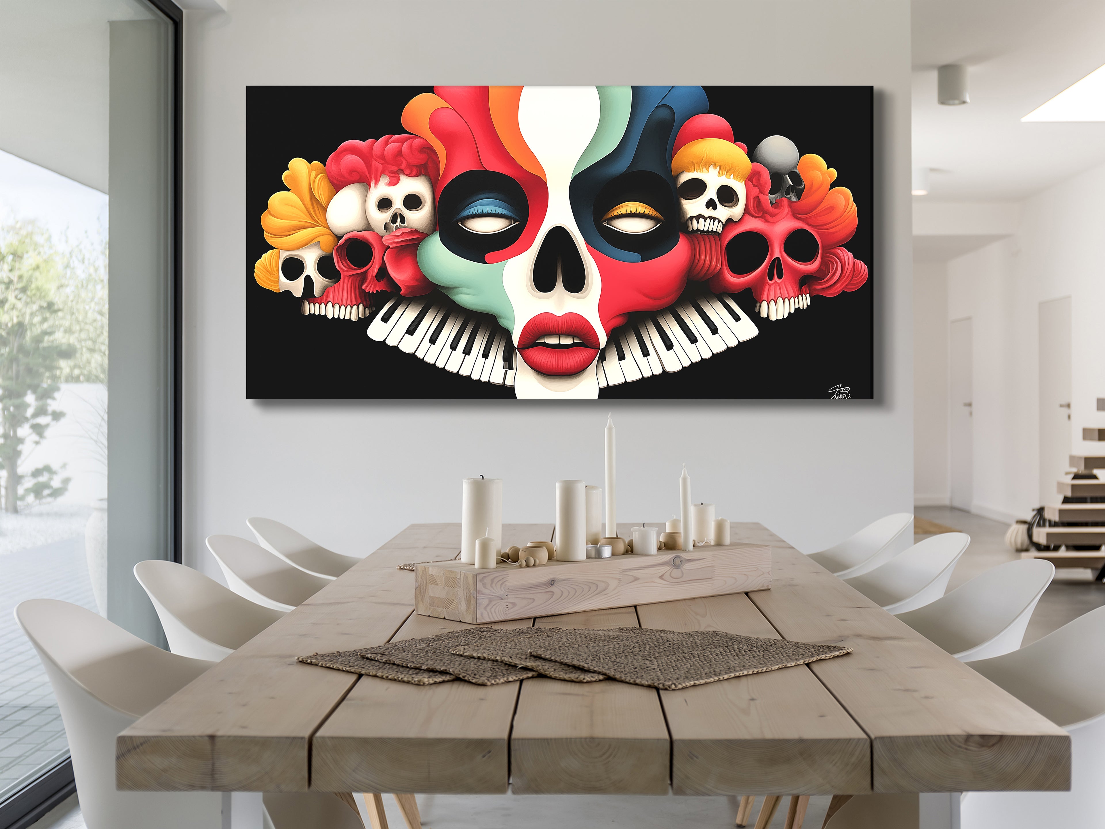 Edgy canvas art combining gothic skulls and a keyboard motif in bold colors.