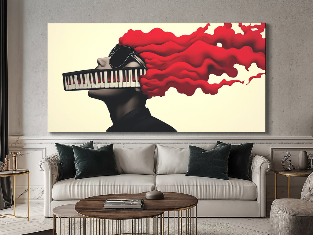Edgy wall art of a pianist silhouette with vibrant red hair and piano-key mouth.