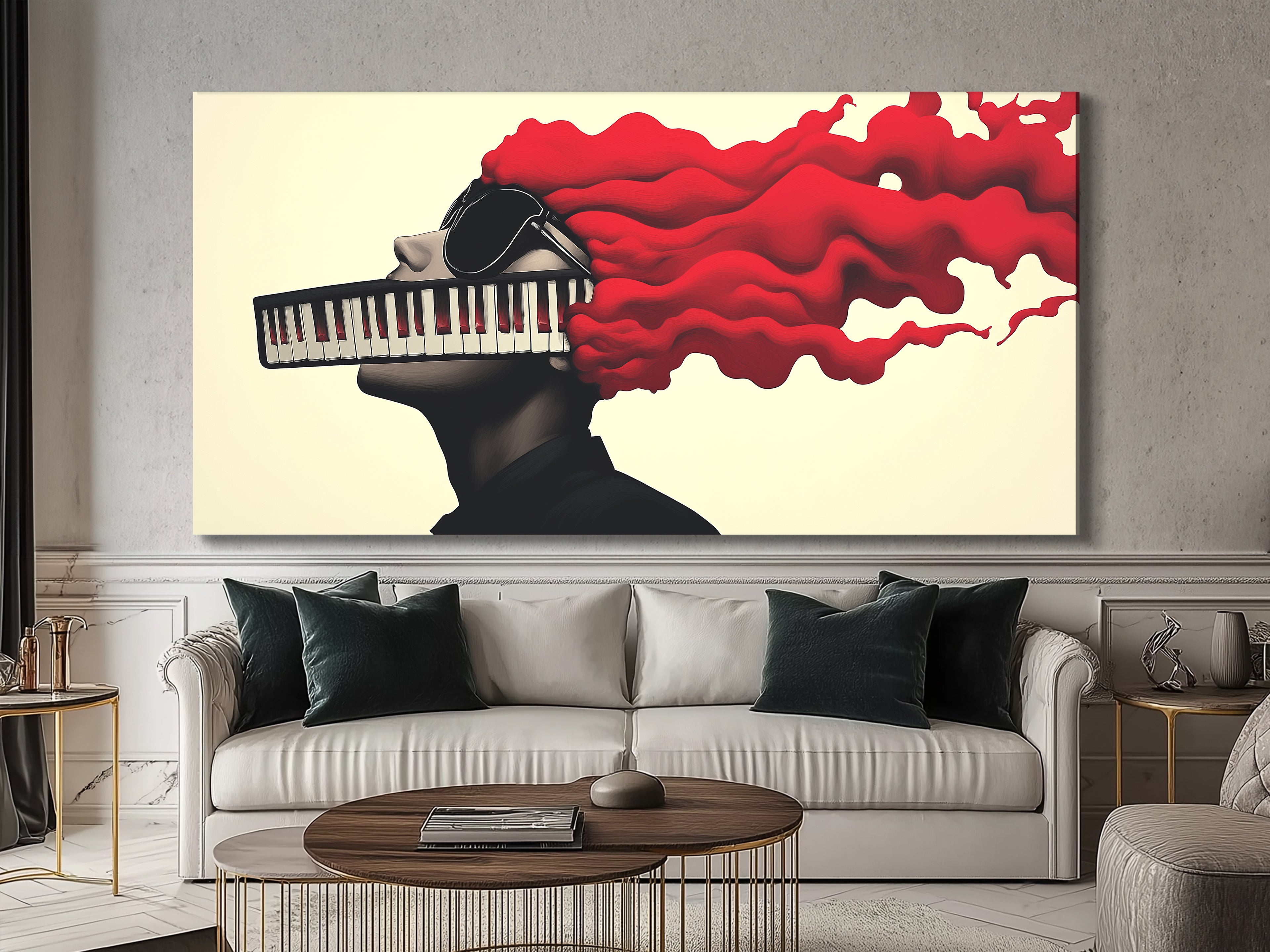 Edgy wall art of a pianist silhouette with vibrant red hair and piano-key mouth.