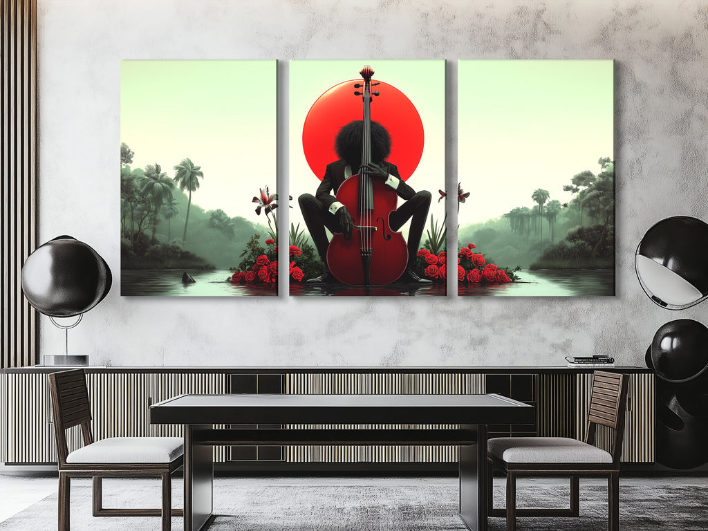 Evocative artwork combining musical elements, exotic scenery, and romantic blossoms.