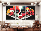 Eye-catching wall decor of multiple skulls morphing into piano keys, bursting with color.