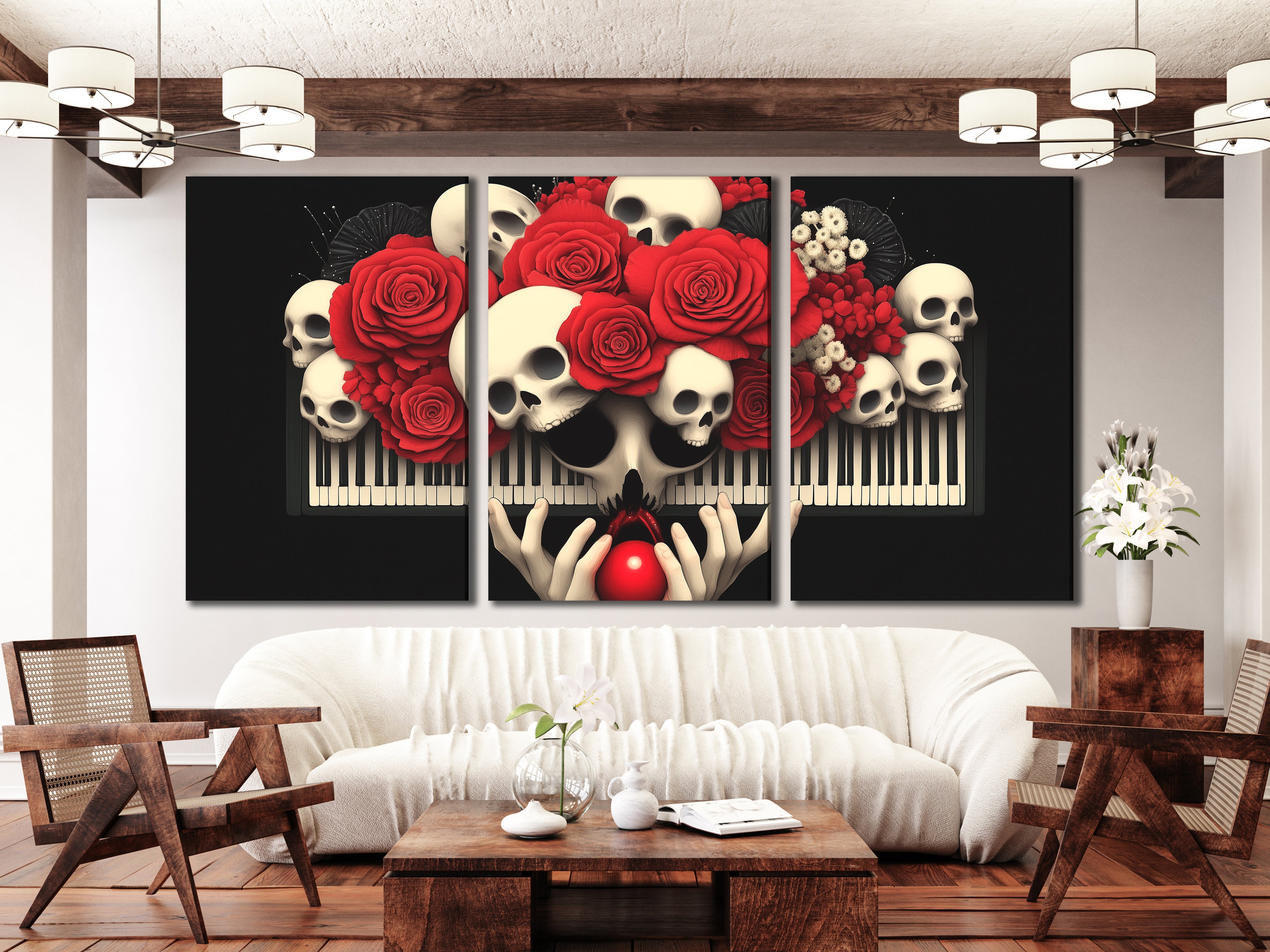Eye-catching wall decor of skulls atop a piano keyboard intertwined with red blooms.