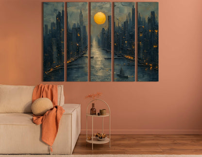 Impasto Style Moonlit City Canvas Art 