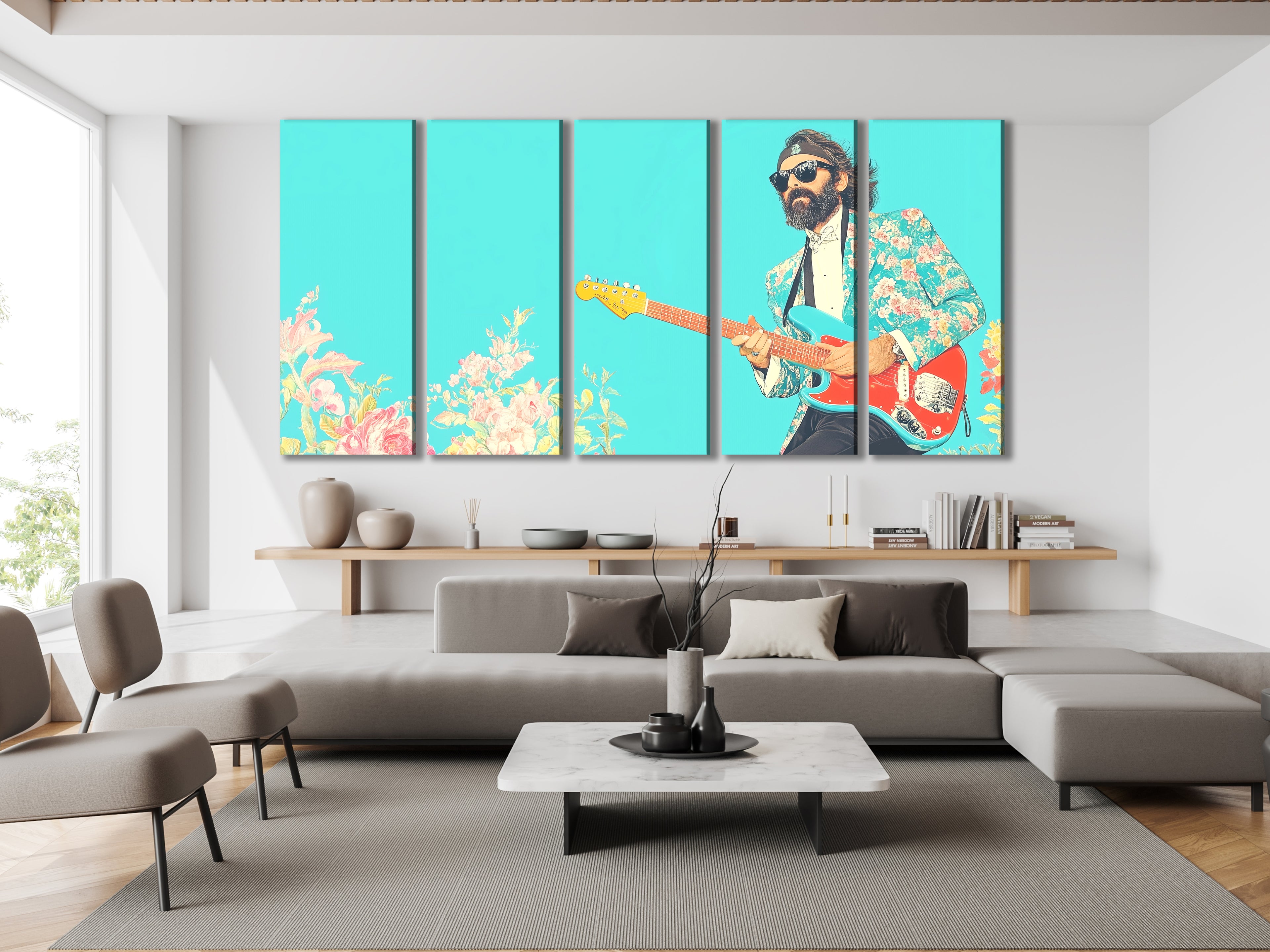 A vibrant wall art canvas print featuring a musician in a floral suit playing an electric guitar against a bright teal background. The artwork adds a quirky and vintage style to the interior decor.
