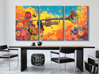 Floral trumpet multi-panel wall art with vibrant colors above a dining table in a modern setting.