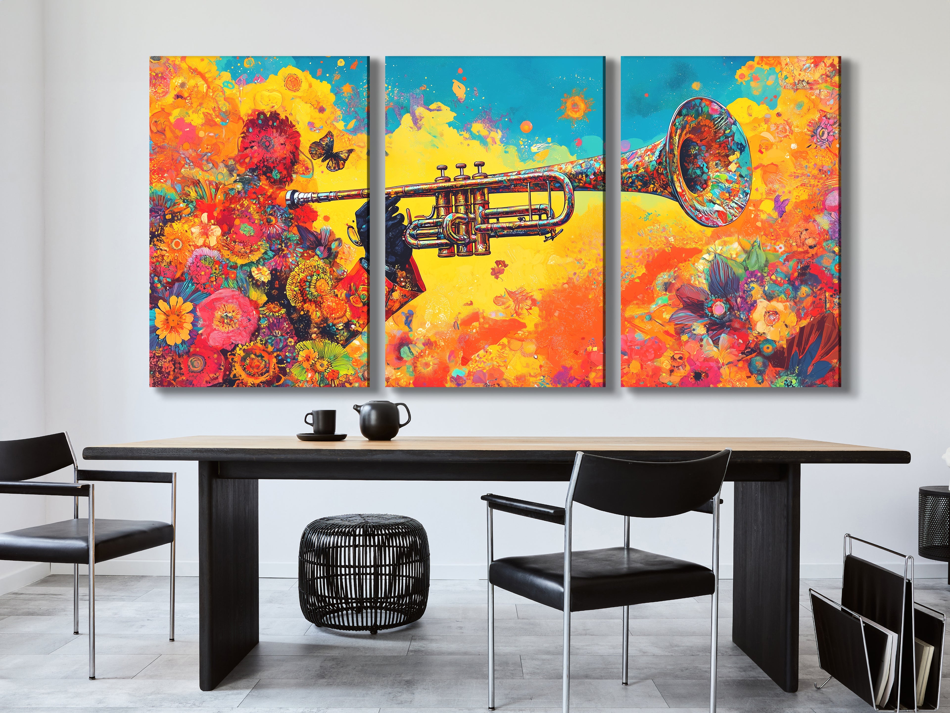 Floral trumpet multi-panel wall art with vibrant colors above a dining table in a modern setting.