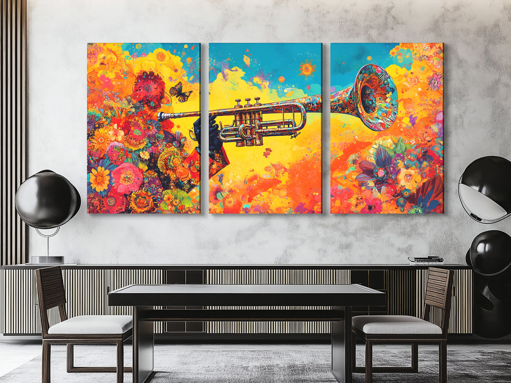 Floral trumpet multi-panel wall art with vibrant colors above a dining table in a modern setting
